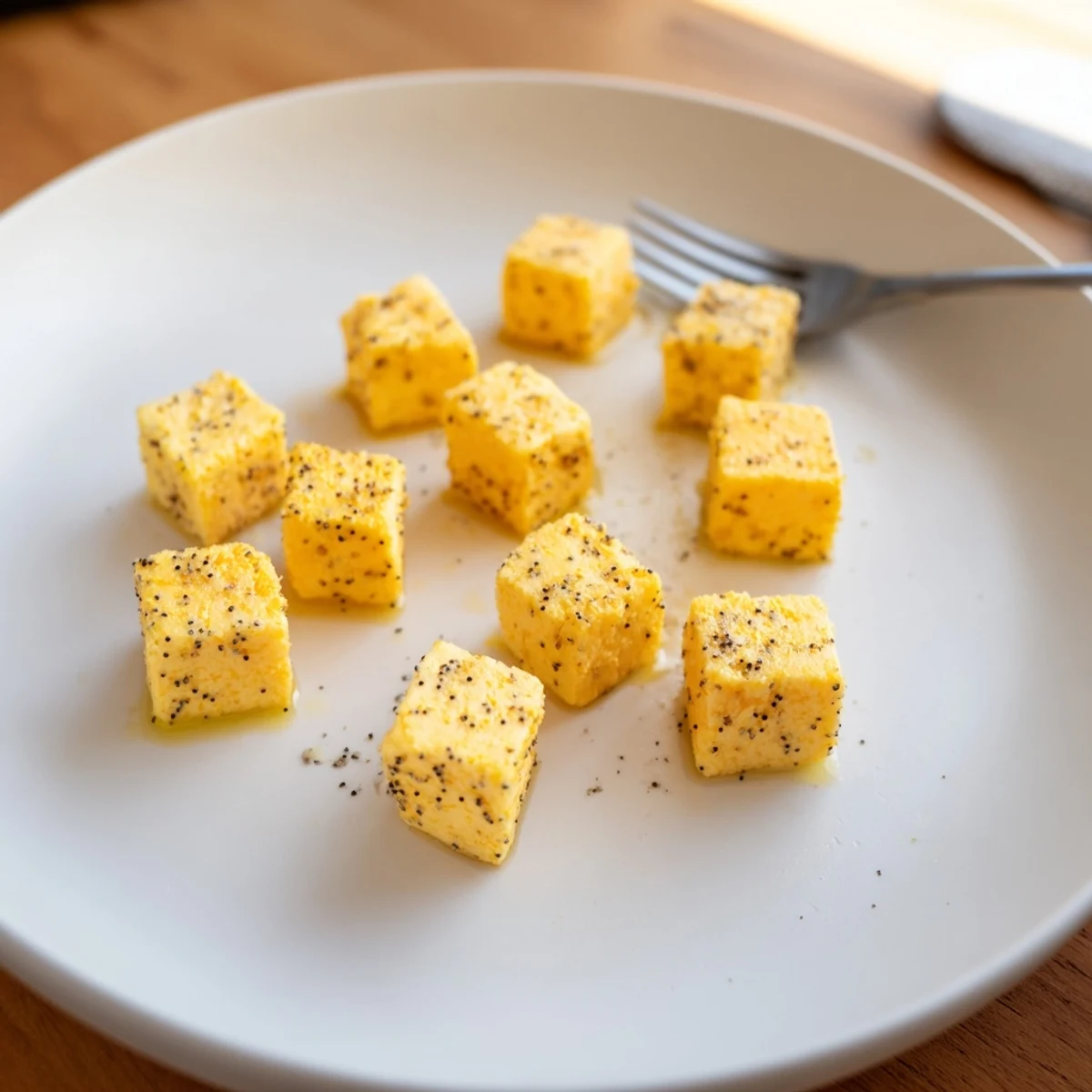 Golden, seasoned everything bagel seasoning cheese cubes ready to serve for a quick, yummy snack.