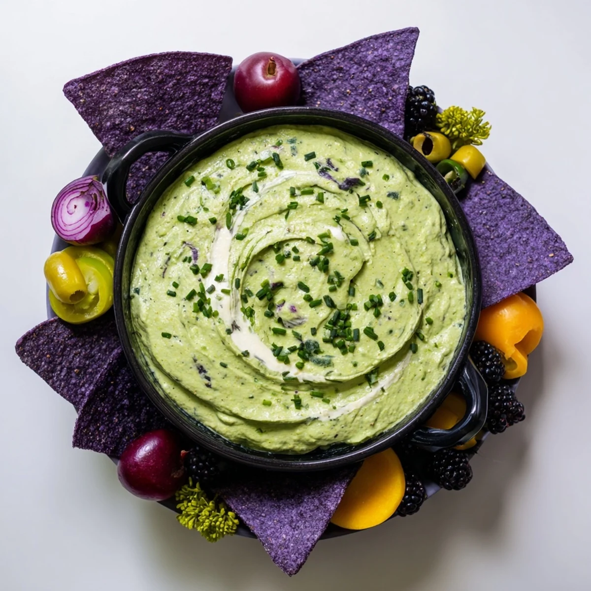 A vibrant Halloween appetizer: a Witch's Brew Cauldron dip with dark ingredients making a smoky look.