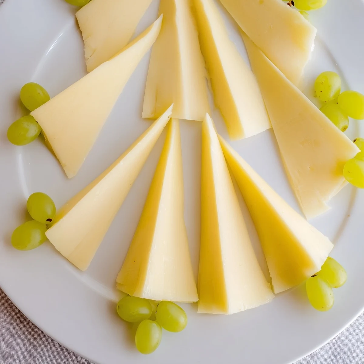 A beautifully arranged Tannenbaum Border cheese board with green grapes, perfect for holiday gatherings.