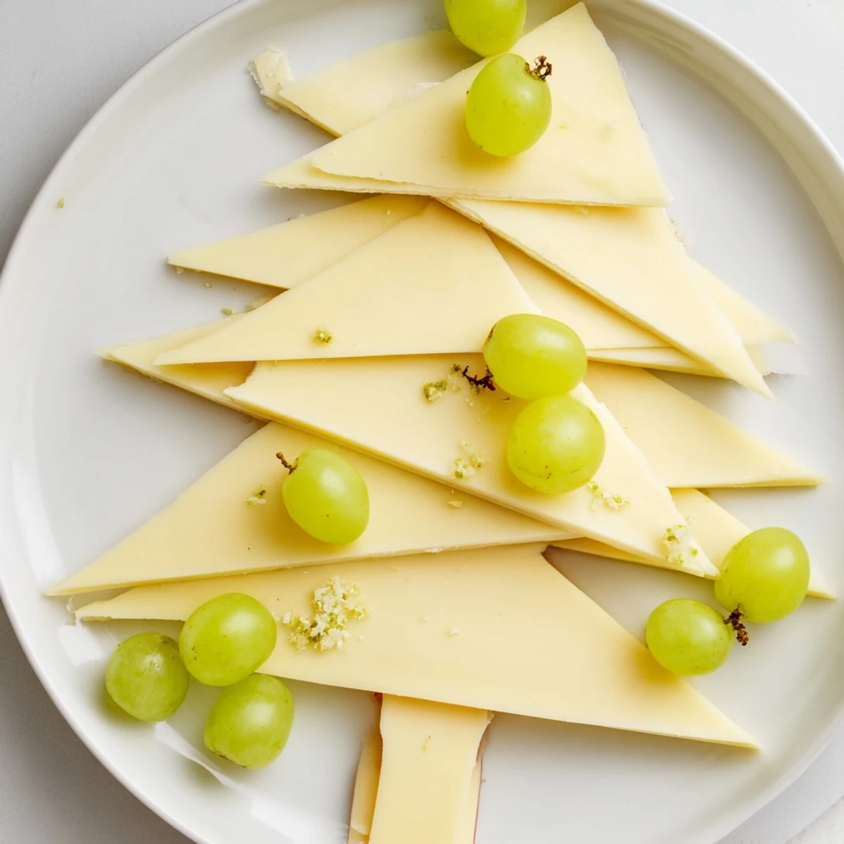 This festive Tannenbaum Border showcases cheese triangles and green grapes, a delicious appetizer ready to serve.