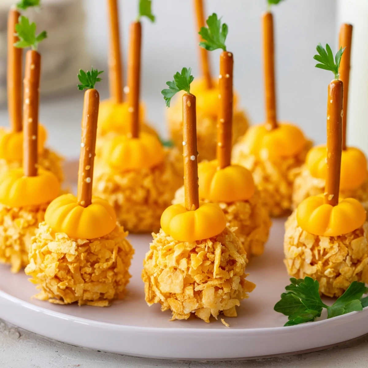 Visuals: **The Pumpkin Patch Grid recipe with orange cheese ball "pumpkins" arranged in green lettuce.**