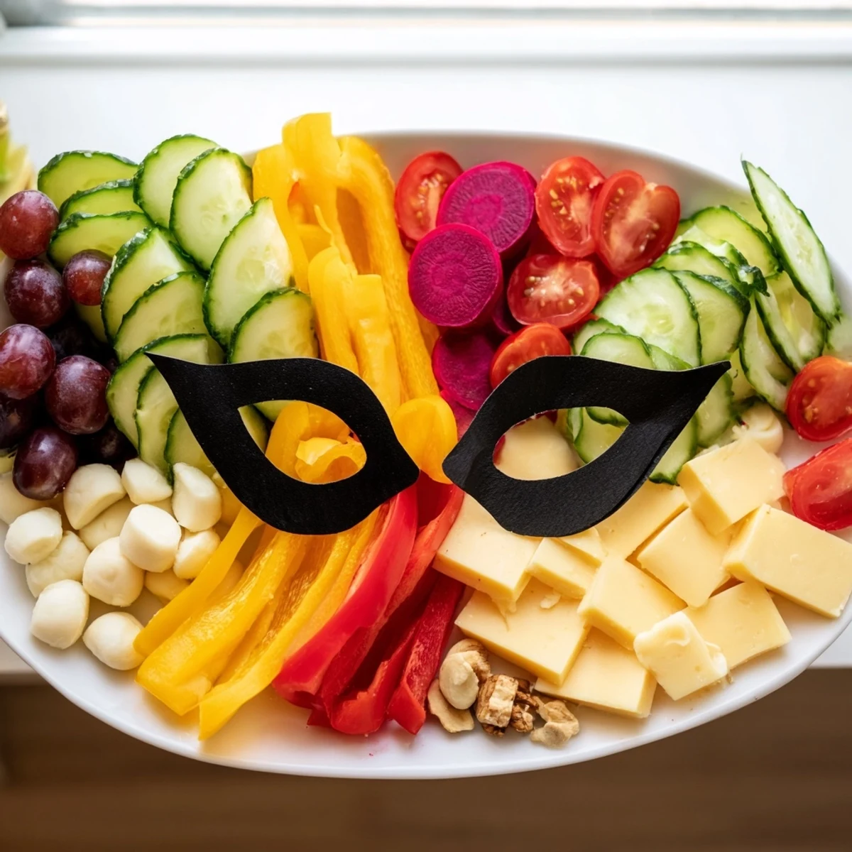 Delicious bites arranged to create a Masquerade Mask, perfect for a New Year's Eve party appetizer.