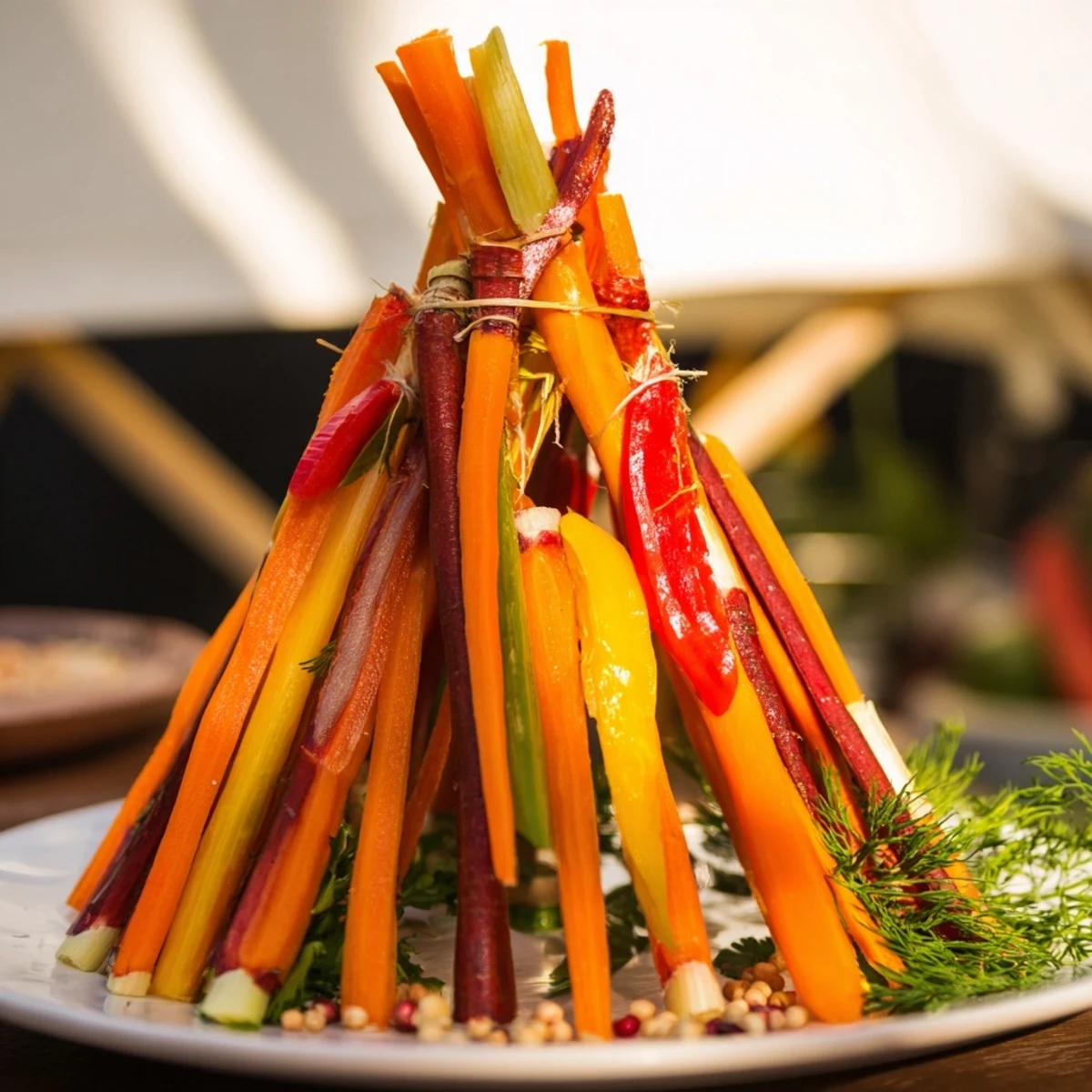 Bonfire Warmth Centerpiece: A visually stunning arrangement of colorful fruits and vegetables mimicking a bonfire.