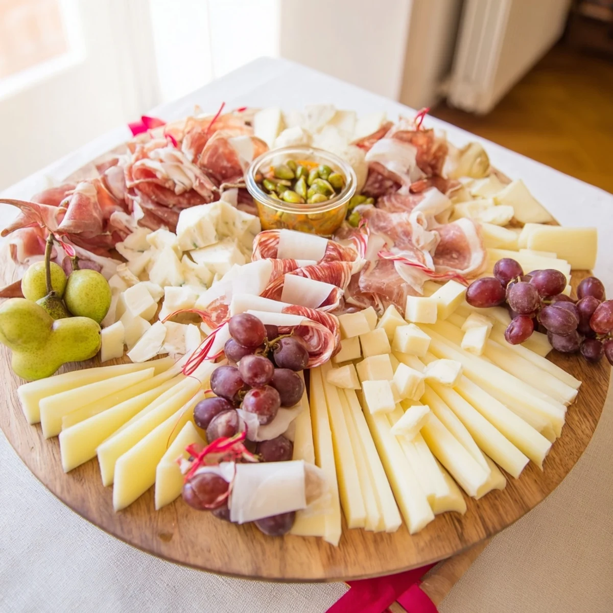 Elegant Gilded Edge cheese and charcuterie board, beautifully arranged, ready for a festive gathering, with tasty cheeses.