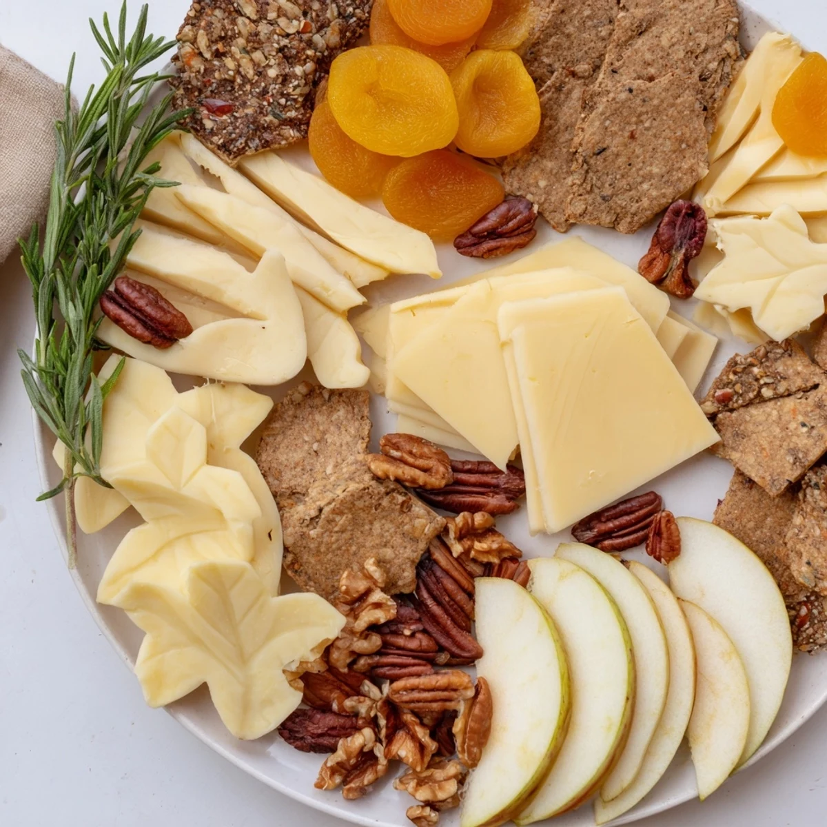 Thanksgiving Leaf Fall snack board with vibrant cheese leaves beside fresh apple slices and nuts.