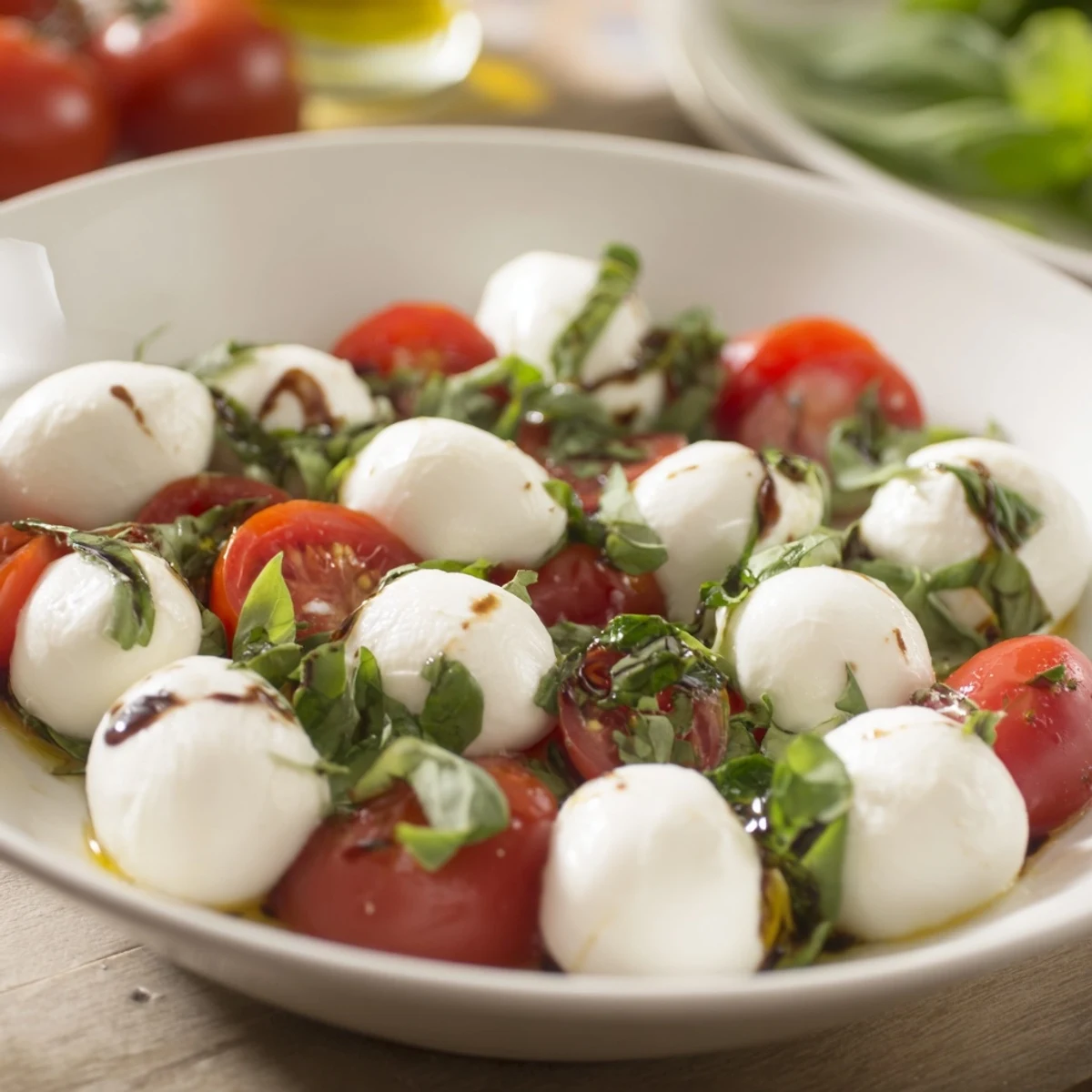 Fresh, vibrant The Pearly Strand salad with a gleaming strand of mozzarella pearls, ready to be enjoyed.