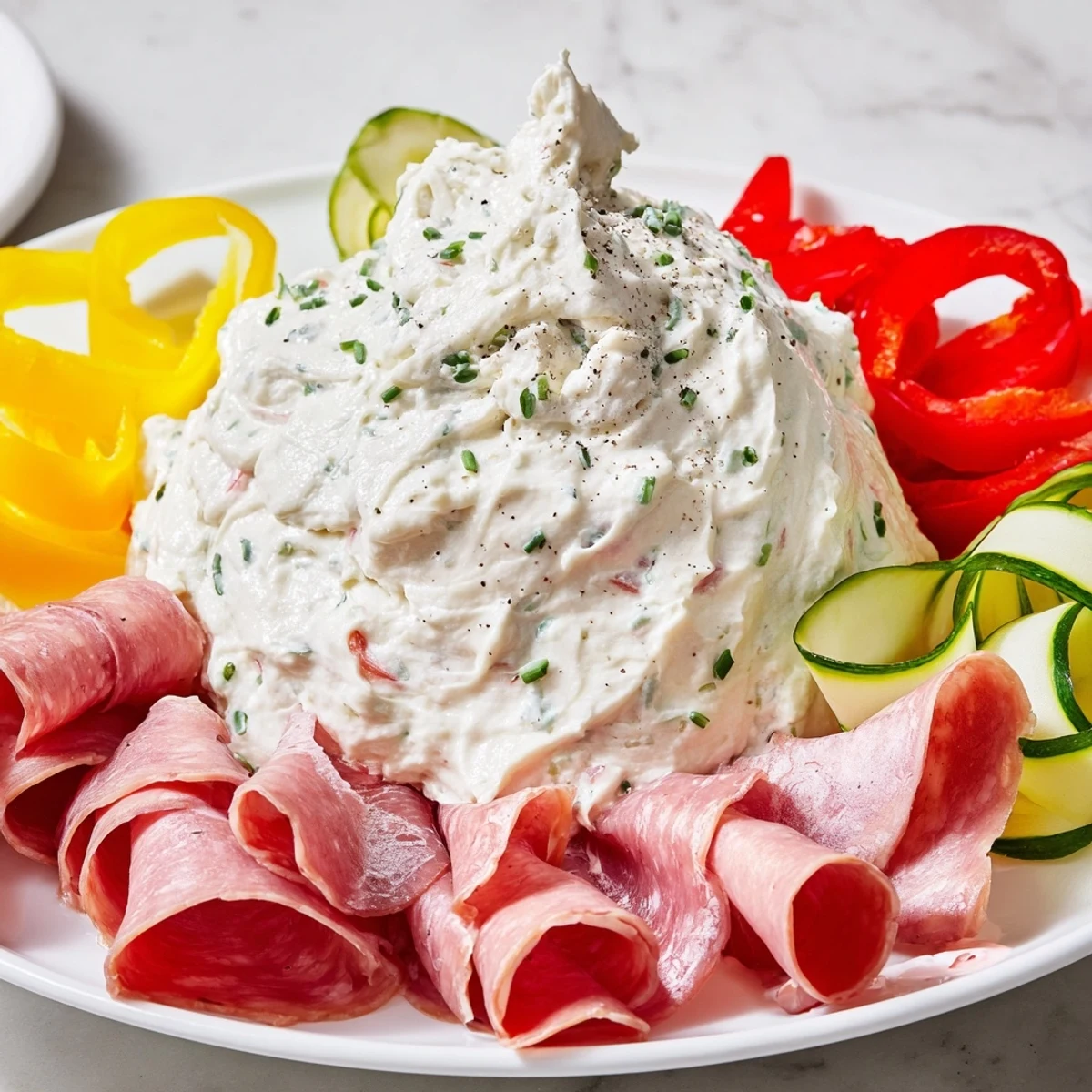 Appetizing Medusa Curls party platter featuring rolled meats and colorful pepper curls, perfect for sharing.