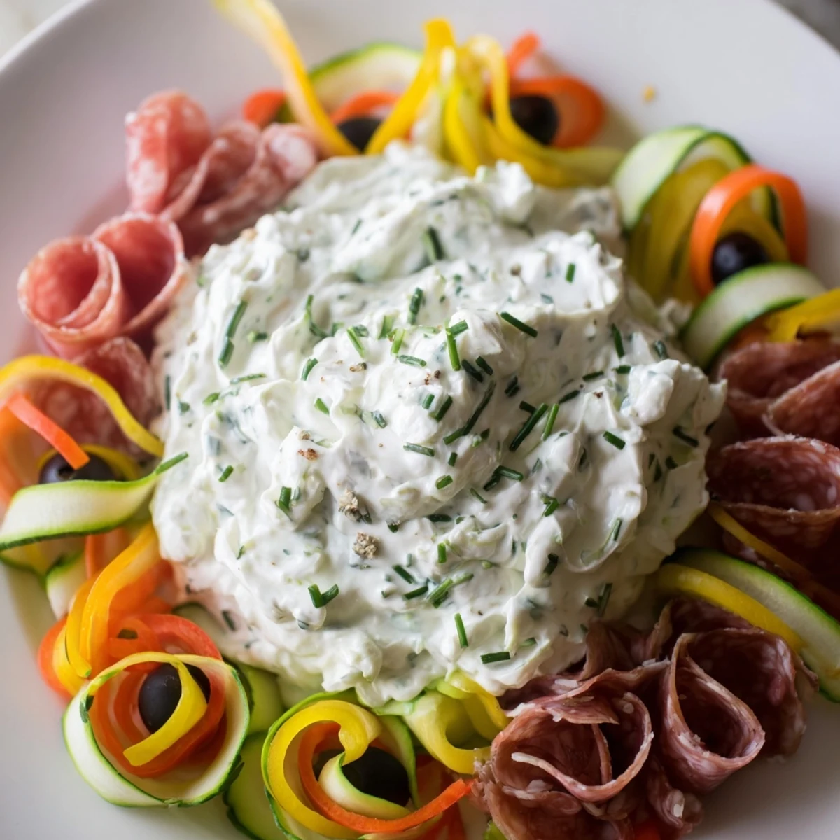 A vibrant Medusa Curls appetizer: imagine creamy dip surrounded by radiating prosciutto and salami spirals.