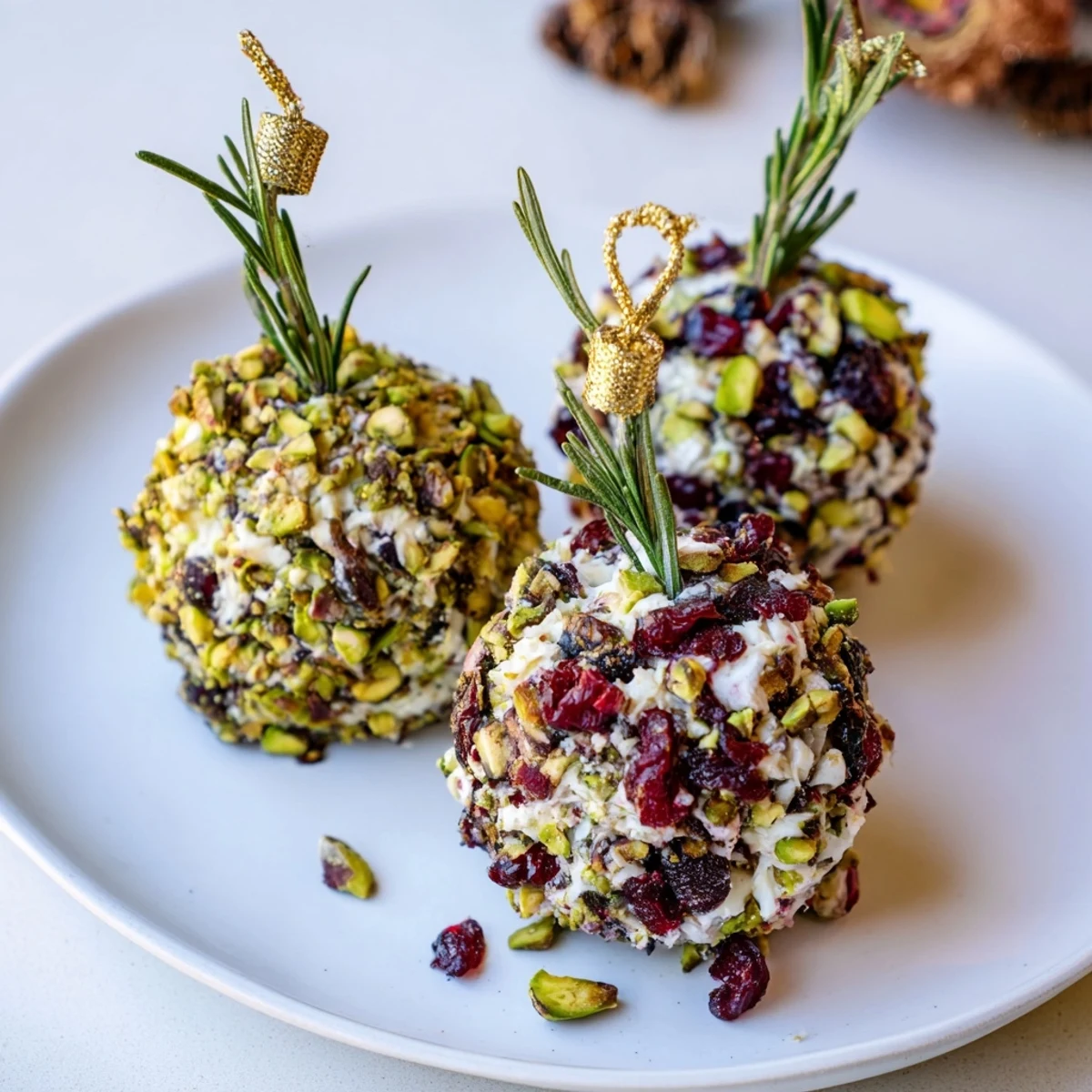 Festive Holiday Ornament Clusters, cheese balls with colorful toppings, ready for holiday appetizers.