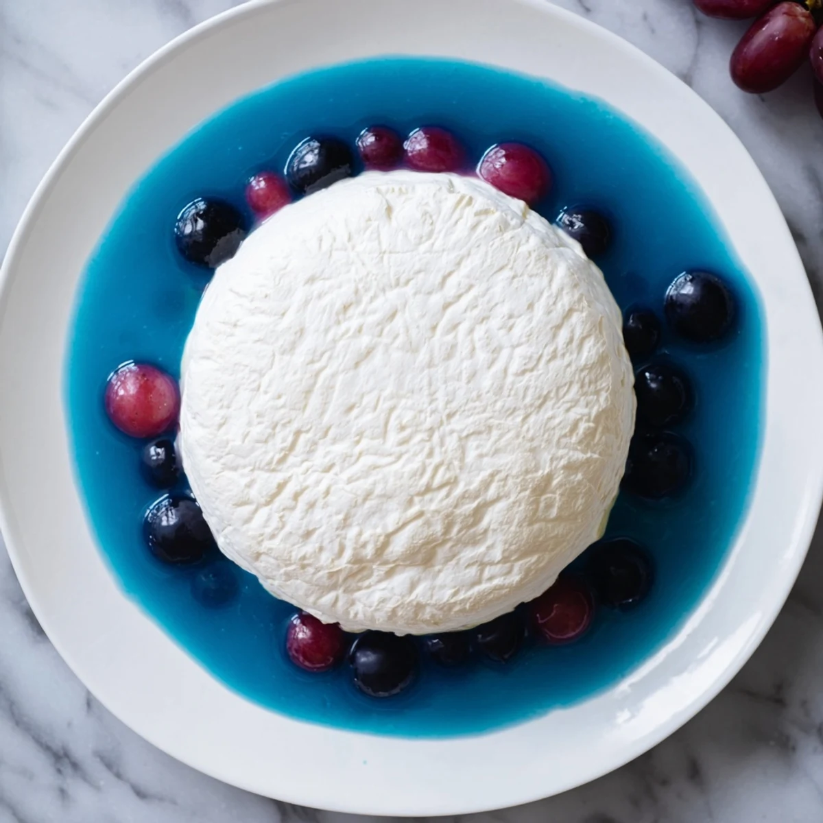 This "Floating Island" features a soft cheese wheel, dramatically set against a sapphire yogurt sea with grapes.
