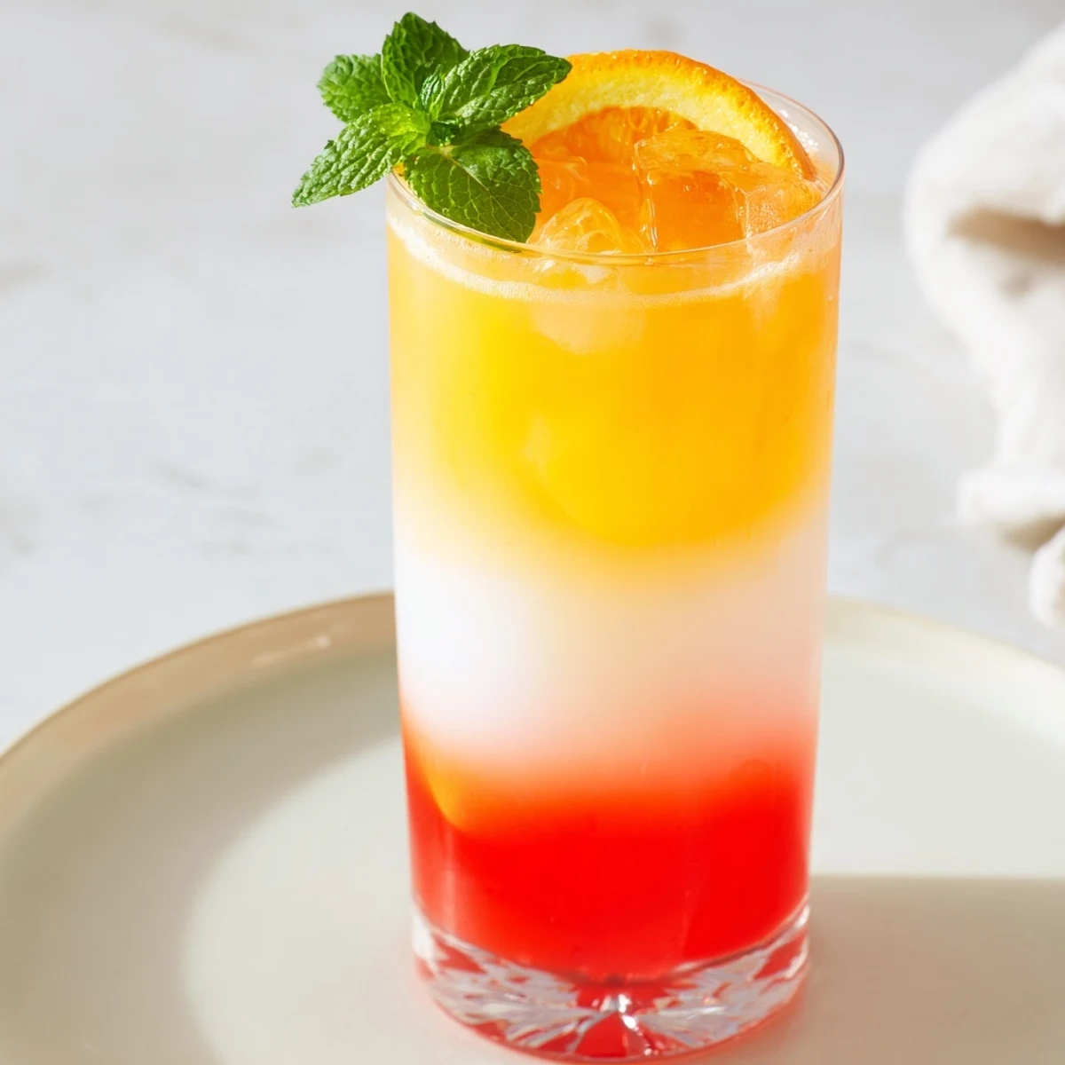 A layered Alpine Sunrise mocktail: creamy coconut base fades into vibrant orange and red hues.