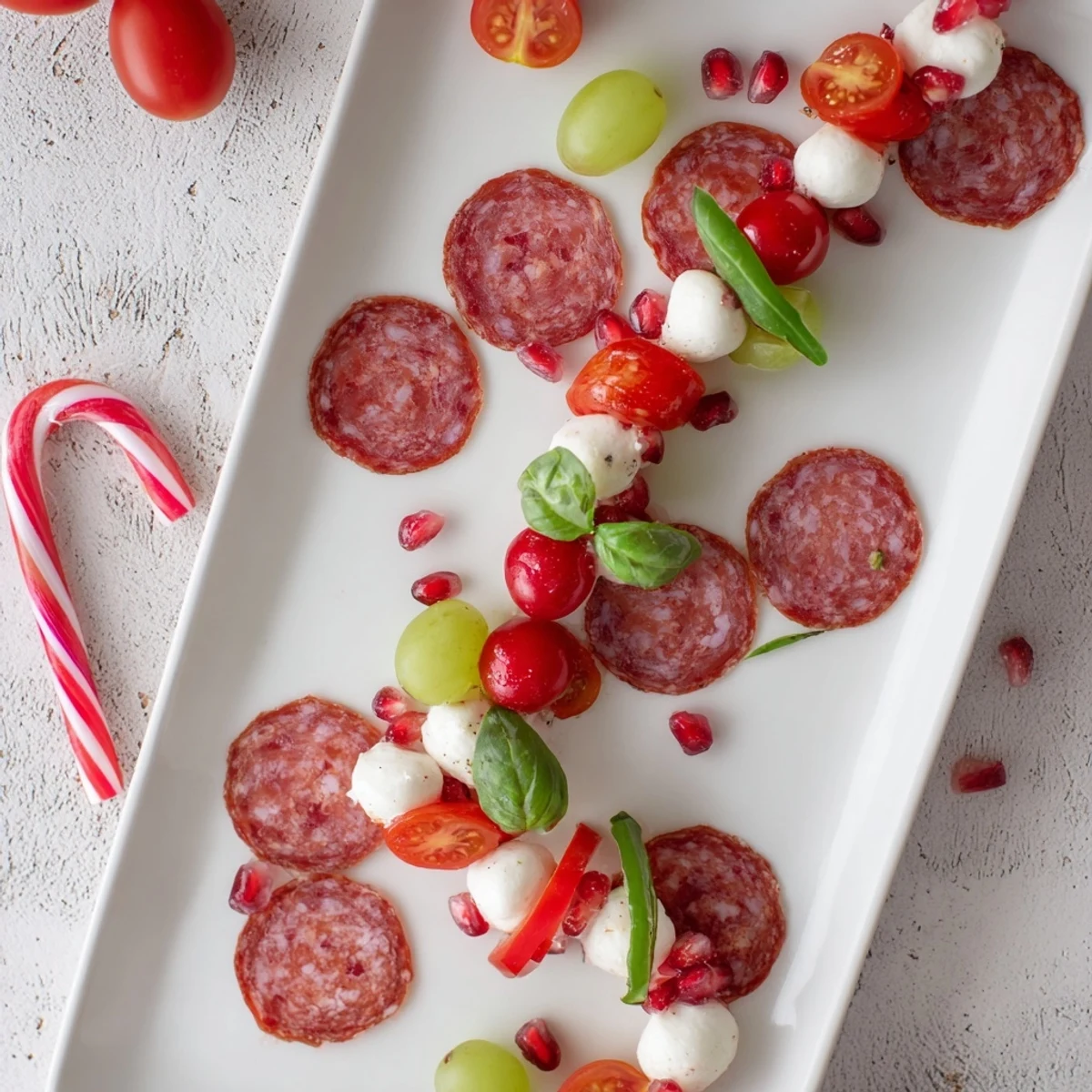 Festive Candy Cane Zigzag charcuterie board features salami, mozzarella, and juicy red grapes for a party.