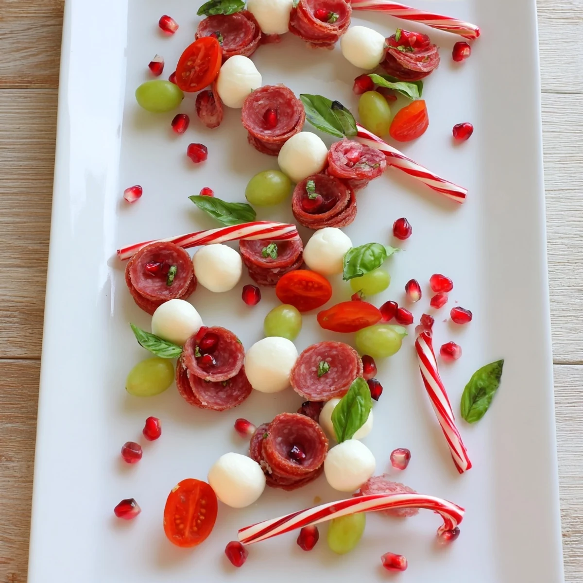 A vibrant Candy Cane Zigzag appetizer board showcases salami, cheese, and colorful veggies, perfect for the holidays.