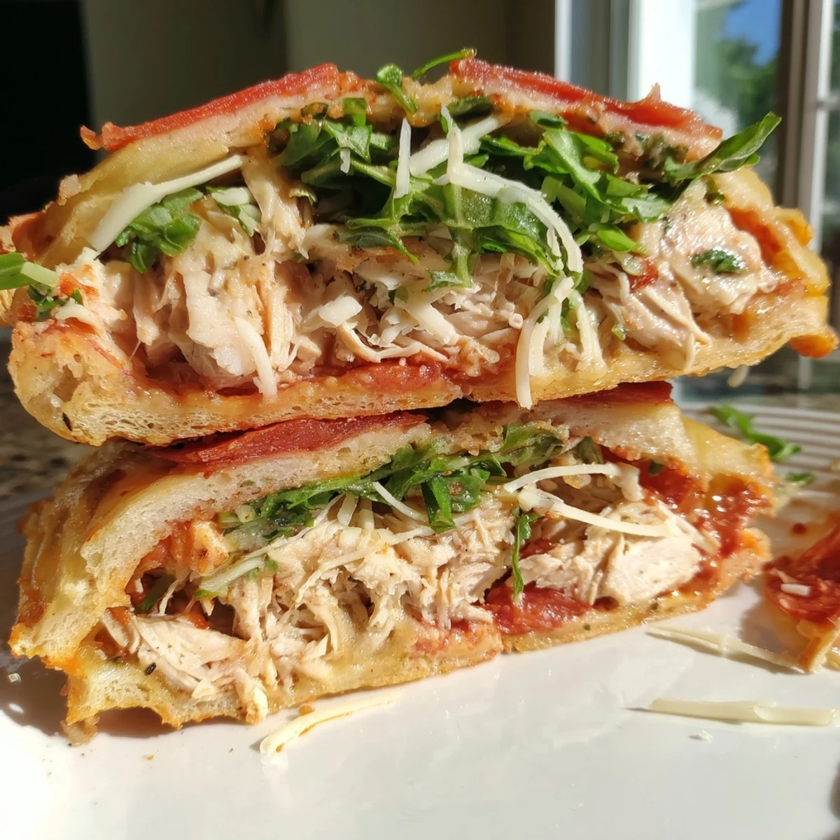 Close-up of the flavorful Leftover Pizza Chicken Sandwich, showing layers of chicken, arugula, and gooey cheese.