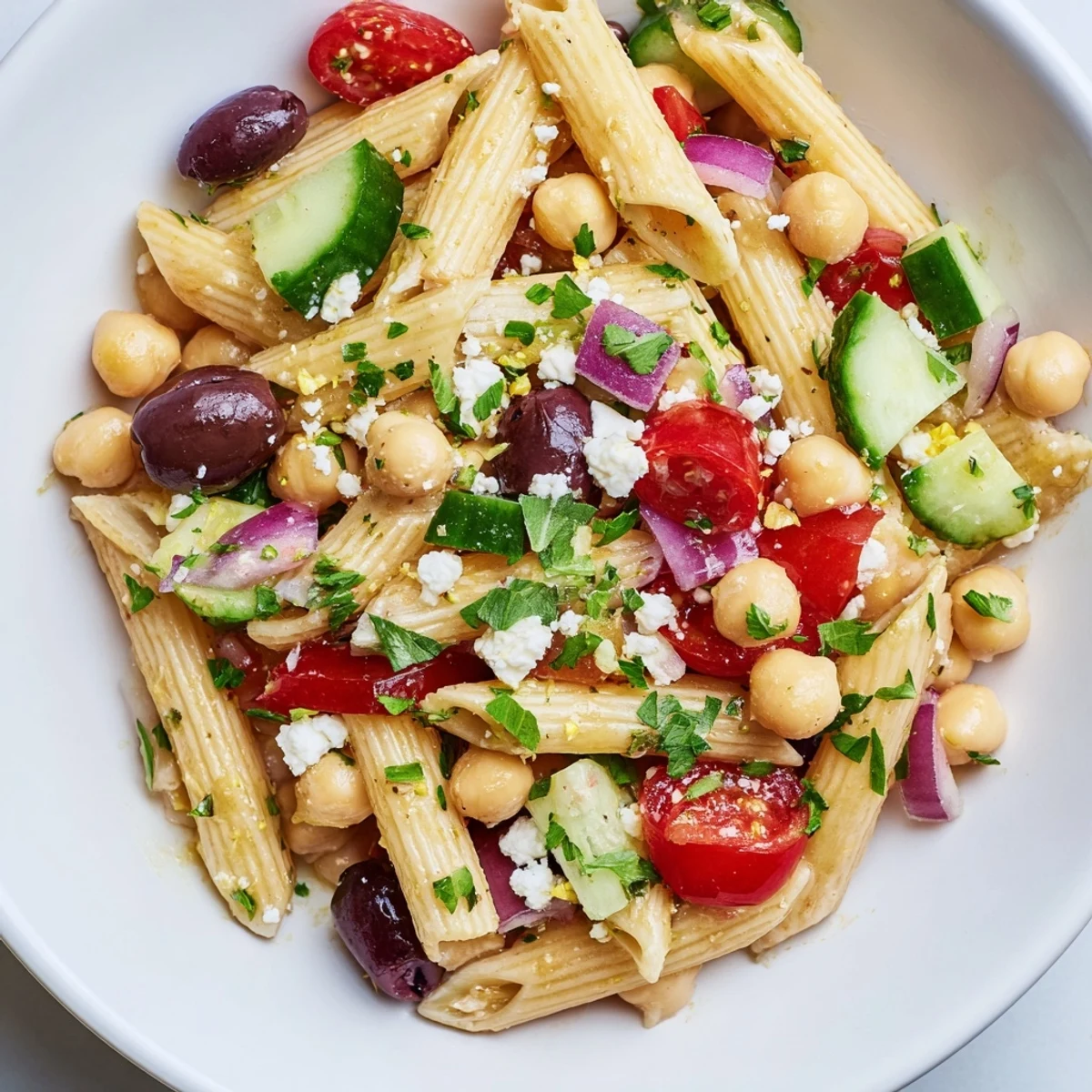 Mediterranean pasta salad with chickpeas, bright vegetables glistening in a zesty olive oil dressing.