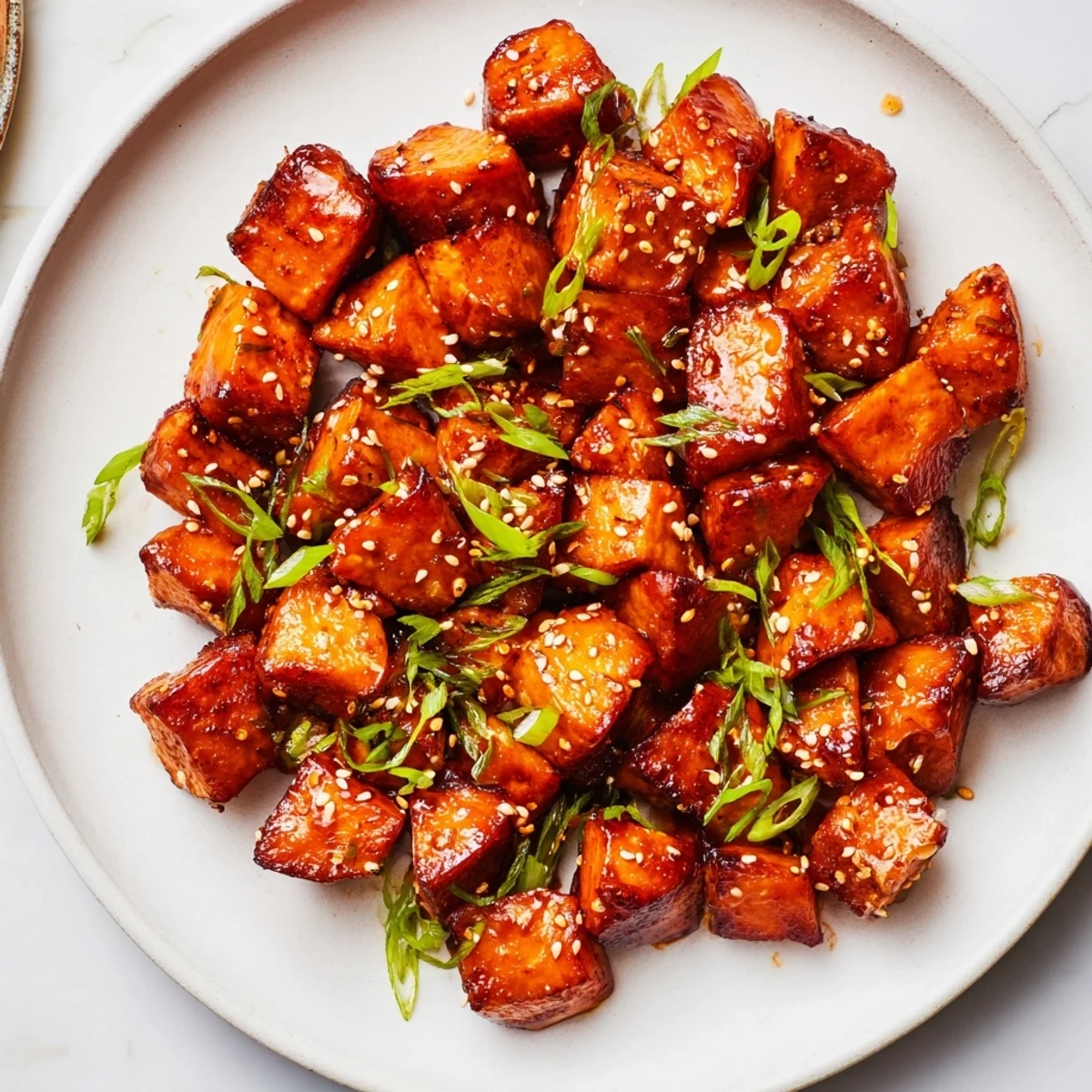 Sweet-savory flavor of these air fryer chicken bites, shown alongside fresh green onions.