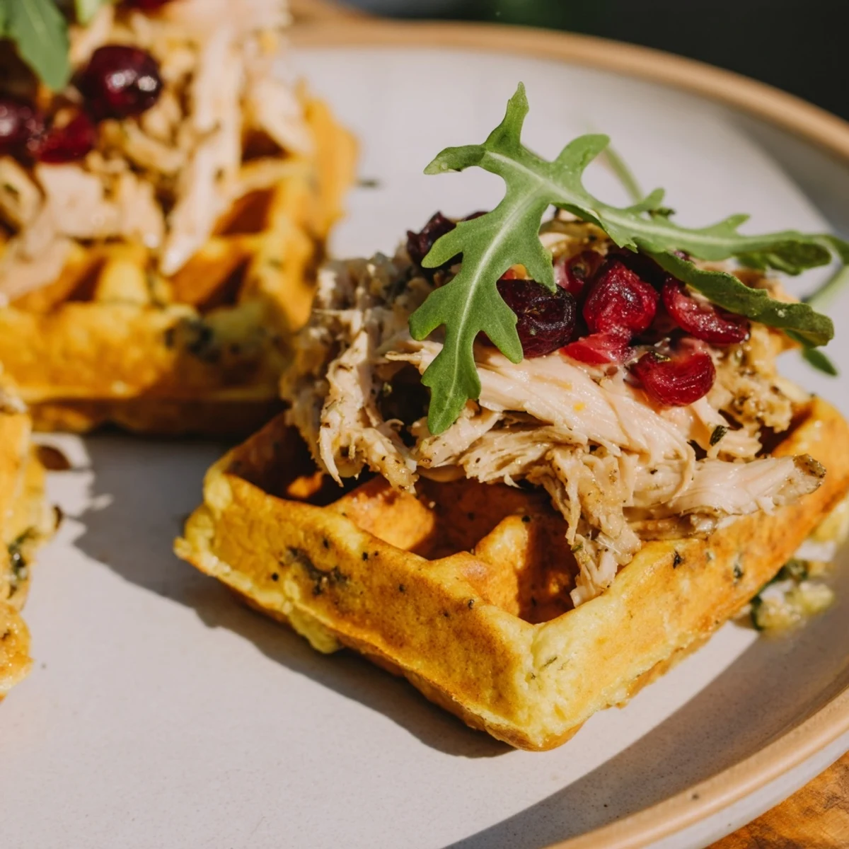 Golden, crispy Stuffing Waffle Chicken Sliders piled high with savory shredded chicken and cranberry mayo.
