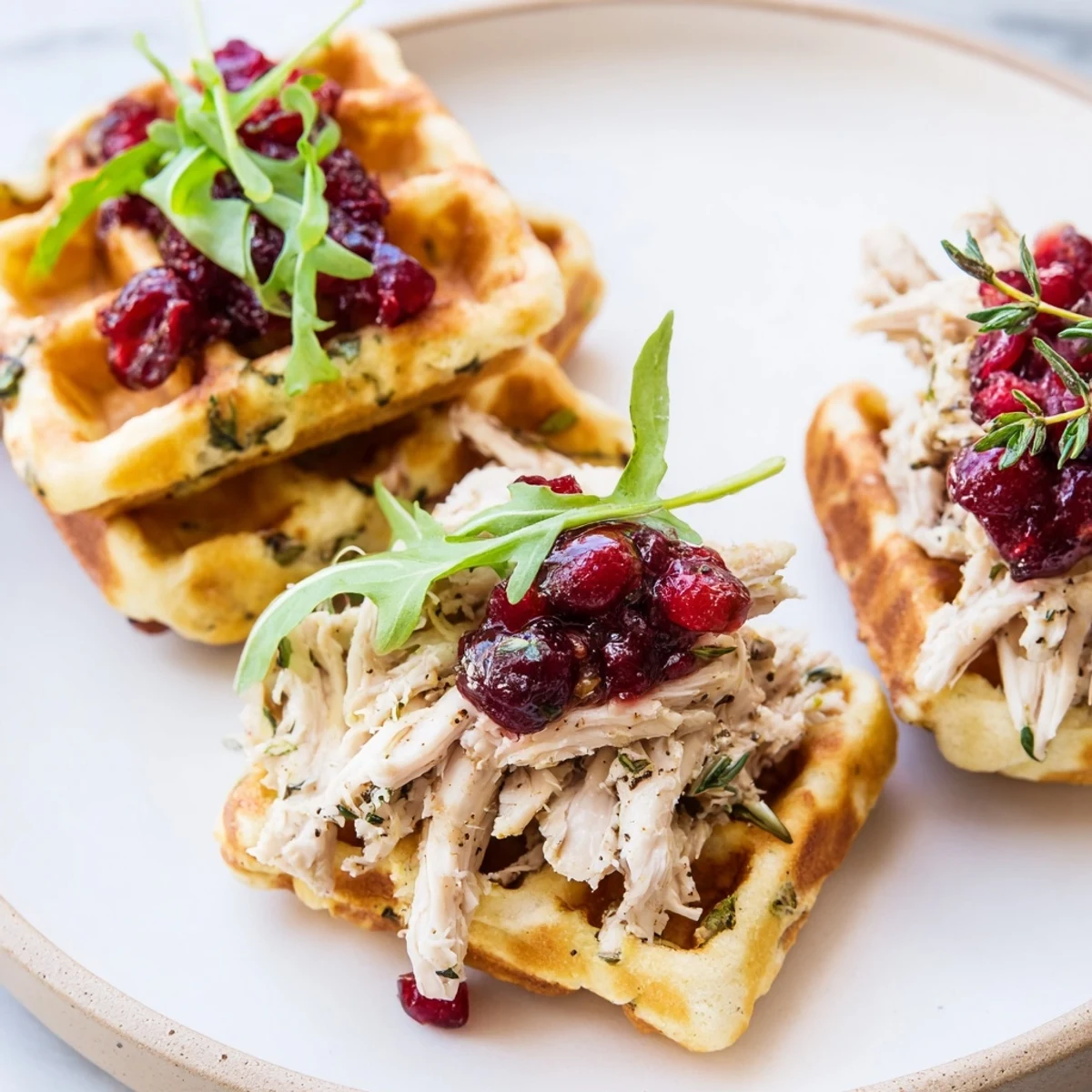 A close-up of delicious Stuffing Waffle Chicken Sliders ready to be devoured, offering diverse textures.