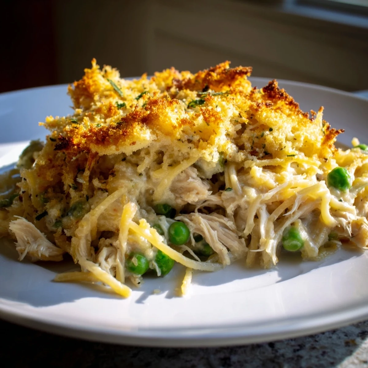 Golden-brown Turkey Tetrazzini bake, a classic comfort food dish with creamy sauce and pasta.