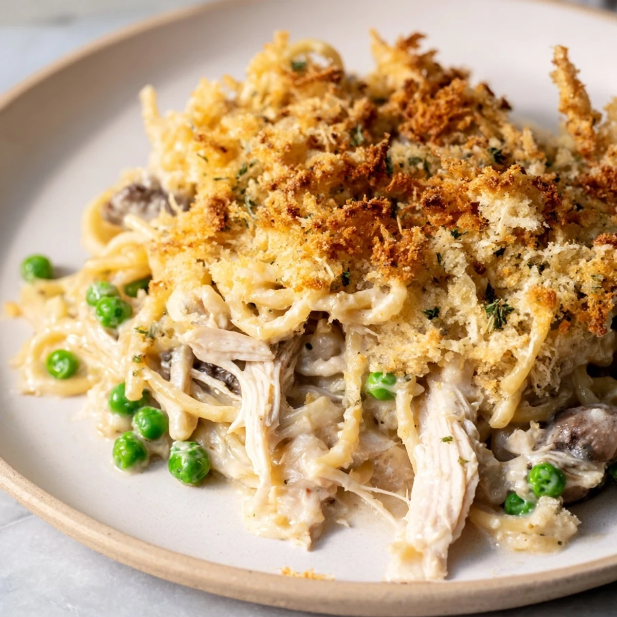 This delicious Turkey Tetrazzini bake features a crispy parmesan topping and tender chicken or turkey.