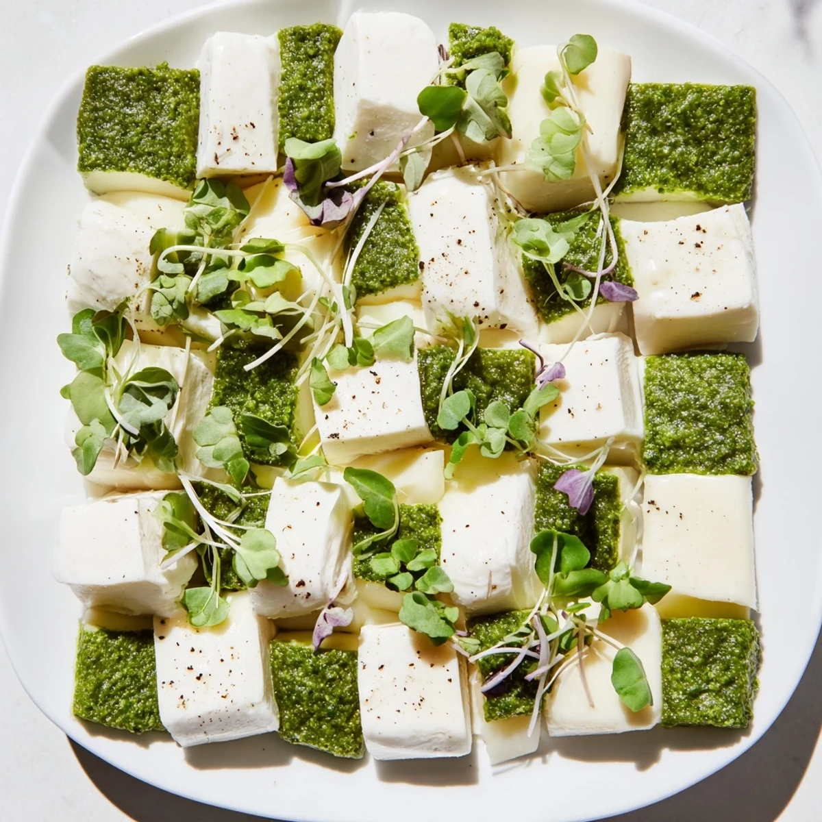 Checkerboard Garden appetizer, showcasing creamy white cheeses and bright herb squares, ready to serve.