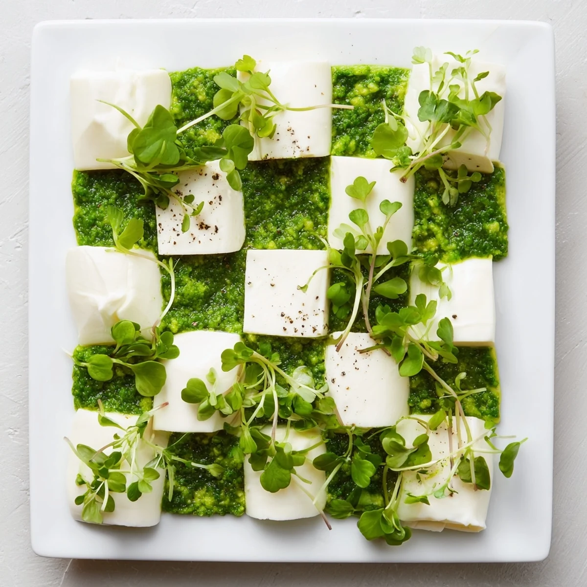 Vibrant green herb squares border pristine white cheese in this dazzling Checkerboard Garden presentation.