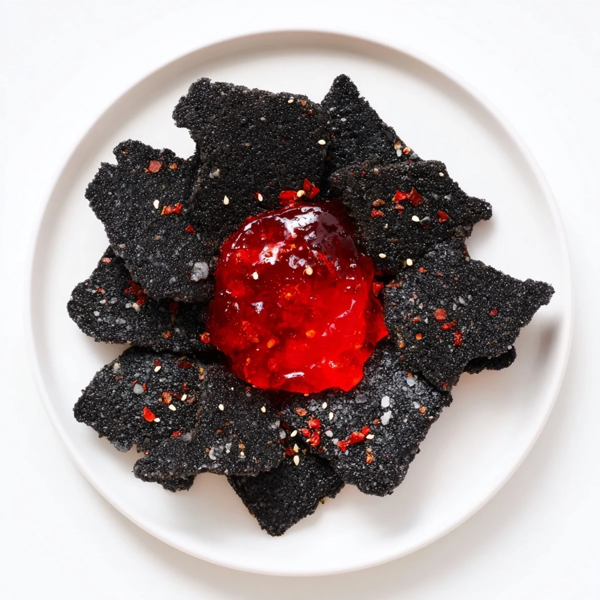 Black volcanic flow crackers surround a pool of fiery red-hot jelly: a stunning appetizer.
