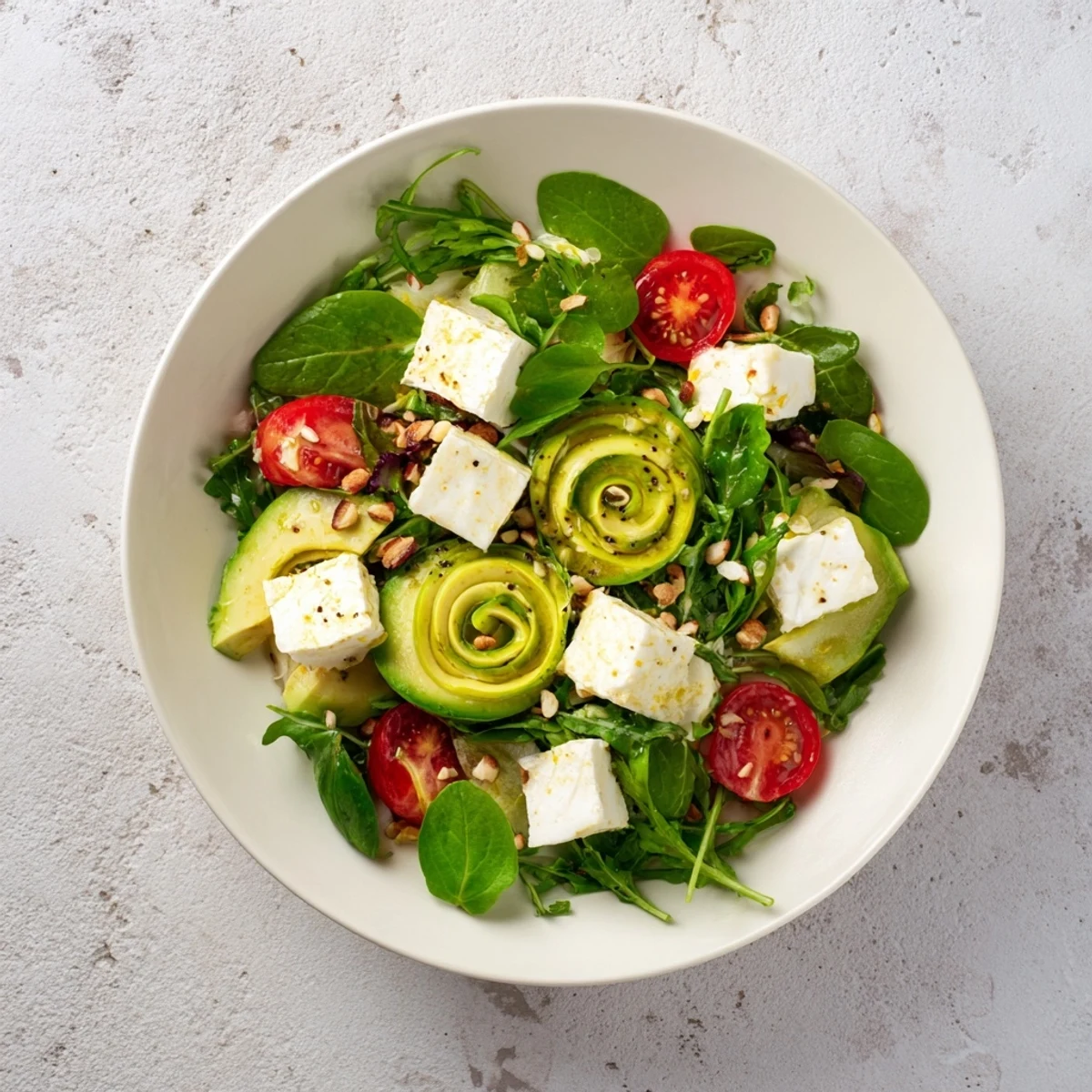 Vibrant Golden Ratio Salad with fresh greens, juicy tomatoes, and creamy avocado, ready to serve.