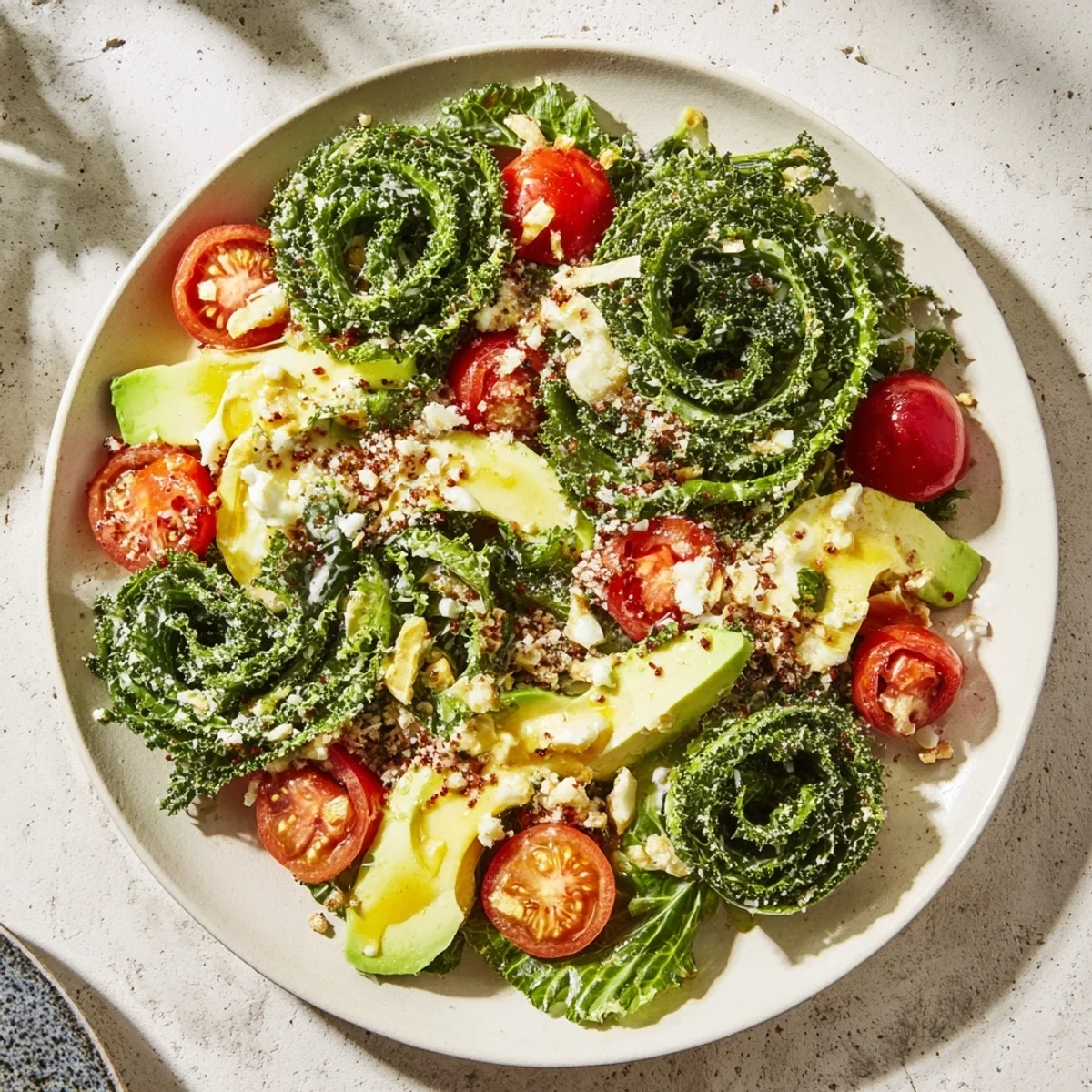 Enjoy a close-up of the beautiful Golden Ratio Salad, drizzled with zesty dressing.