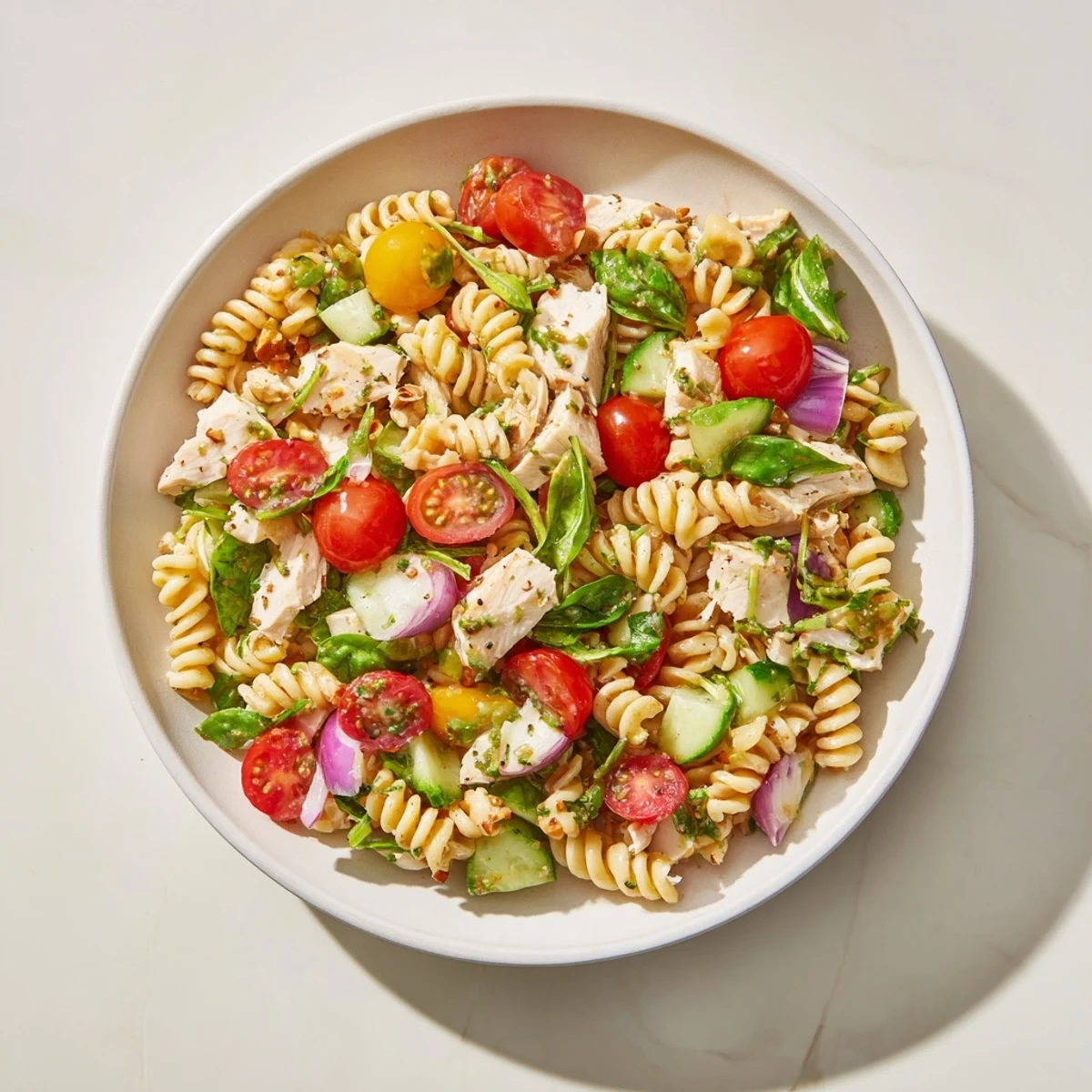 Hearty American-style Pasta Salad with Cranberry Vinaigrette, showcasing a delightful mix of flavors and textures.