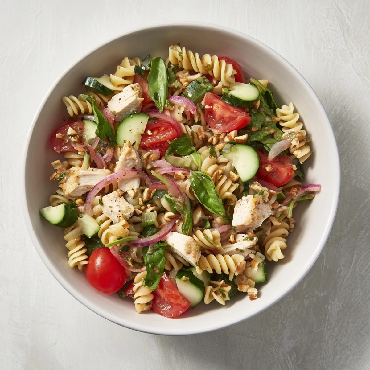 A close-up shot of the colorful Pasta Salad with Cranberry Vinaigrette, perfect for a light, refreshing meal.