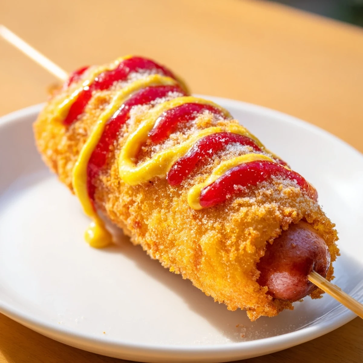 Golden-brown Korean-inspired corn dogs, crispy outside, served with ketchup, perfect party treats.