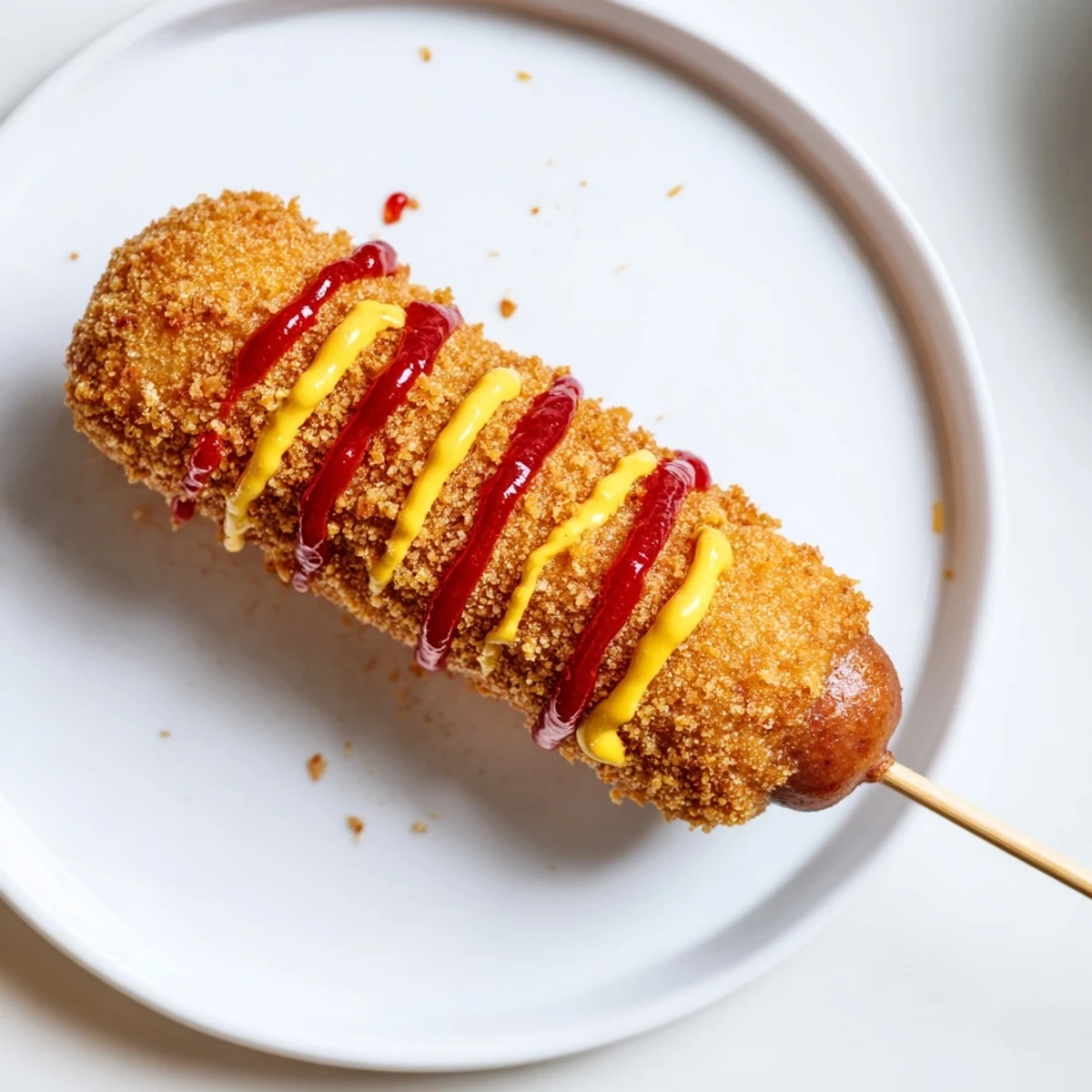 Close-up of freshly fried Korean corn dogs, coated in panko, ready to eat with dipping sauces.