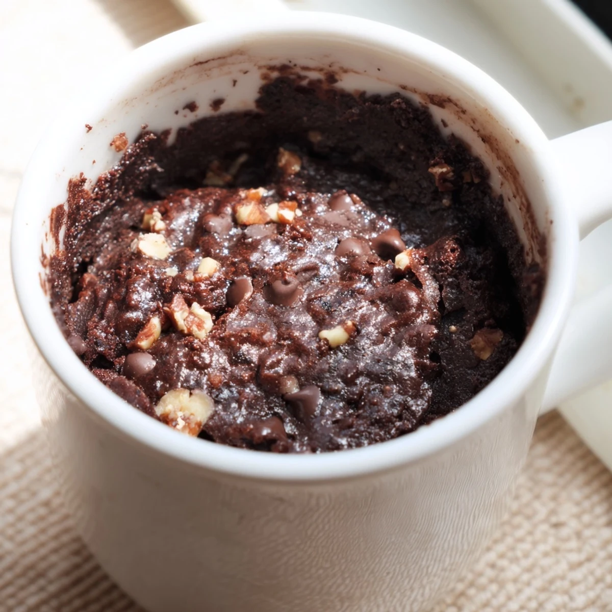 Steaming hot mug brownie with melty chocolate chips, a quick American dessert.