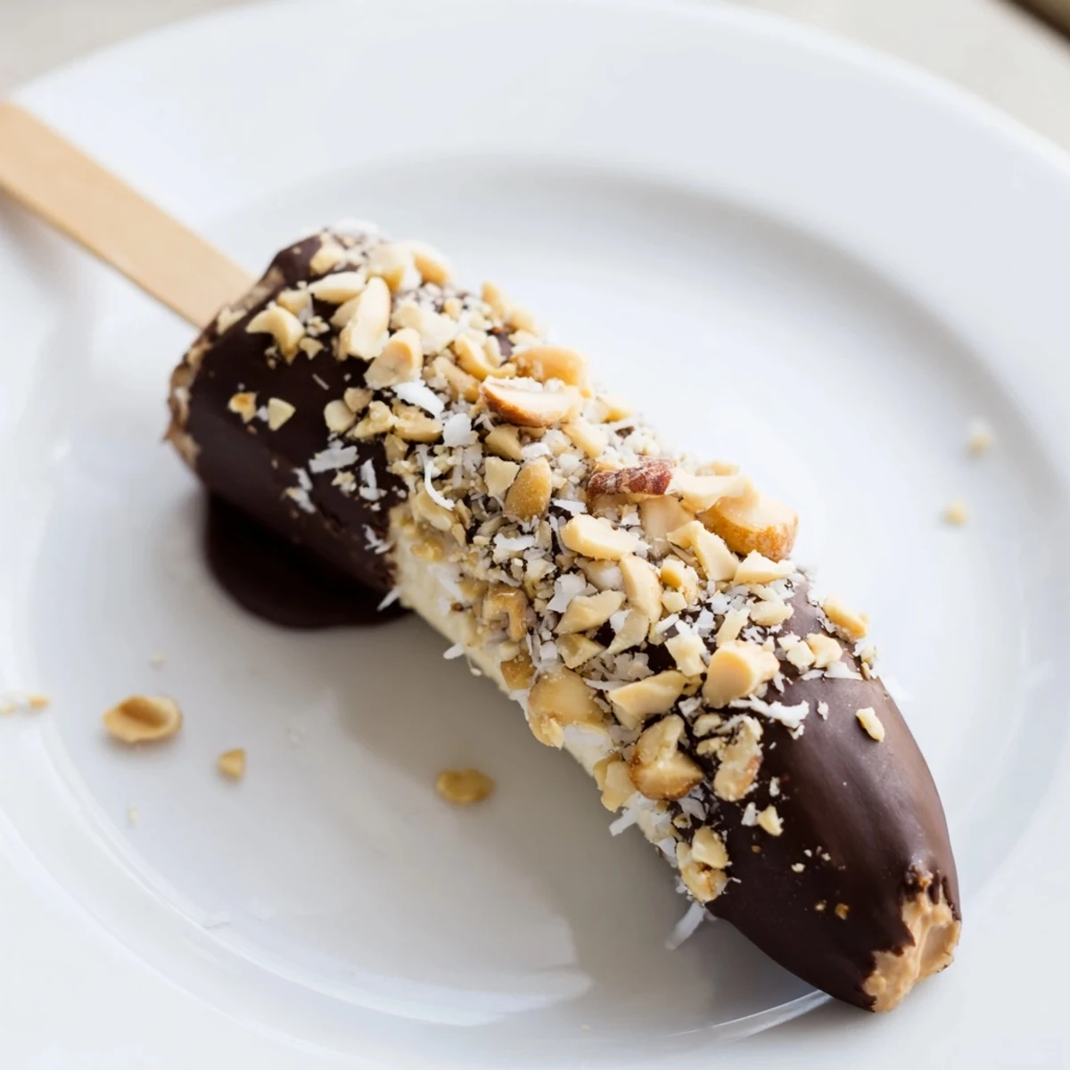 Rich, dark chocolate coats frozen banana chocolate pops, a delightful peanut butter banana dessert.