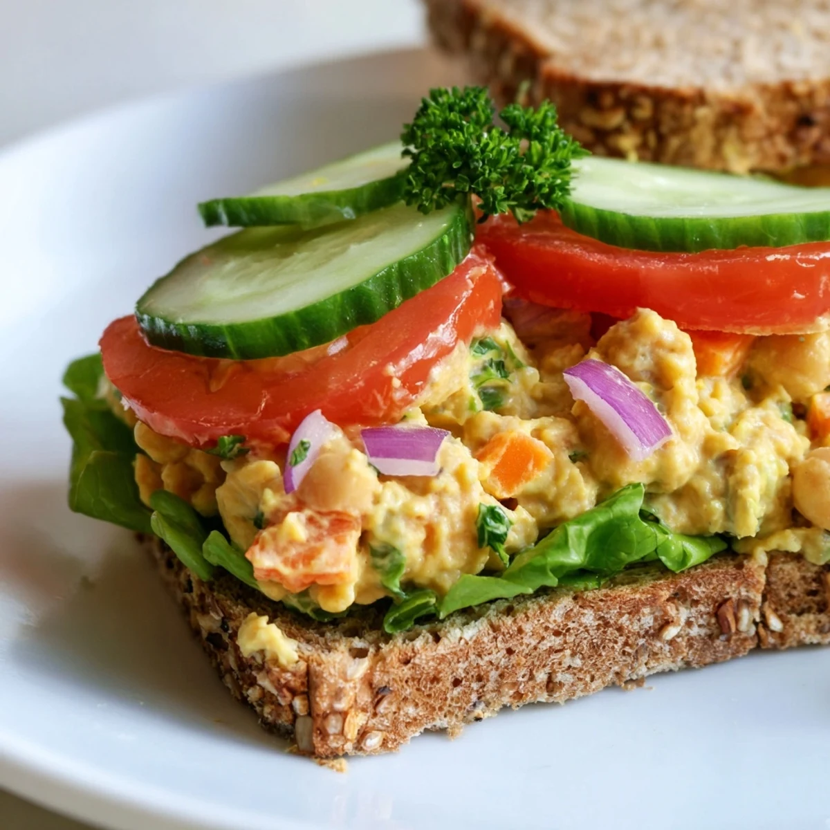 Hearty Easy Chickpea Salad Sandwich, piled high with fresh veggies, ready for a delicious bite.