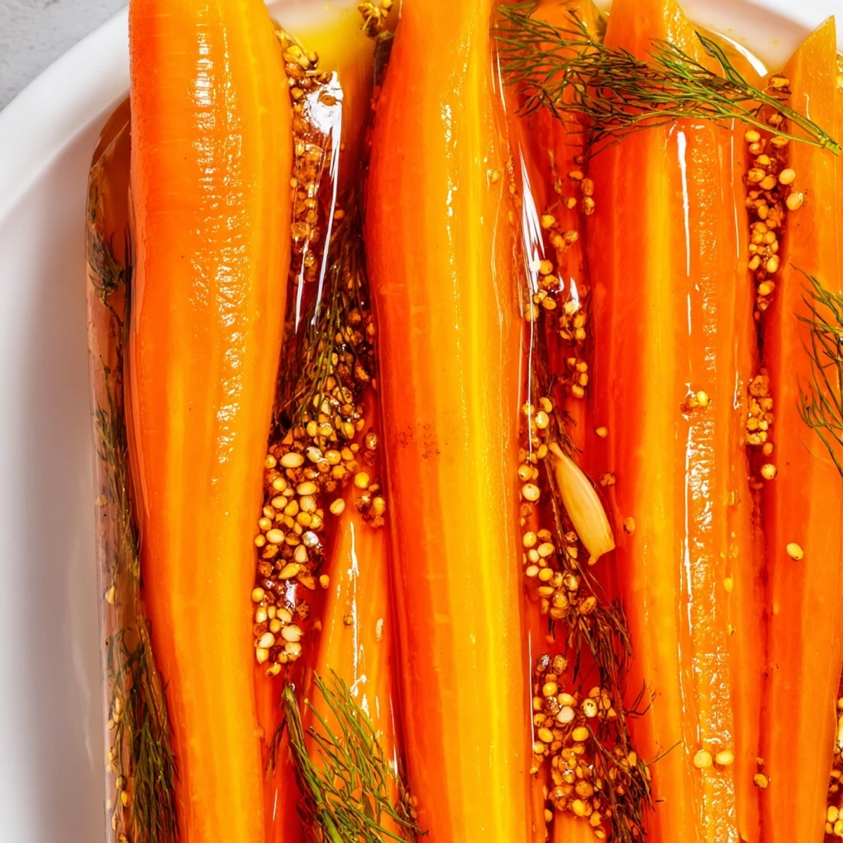 Quick pickled carrot spears, vibrantly orange, submerged in a clear, flavorful brine for a refreshing snack.
