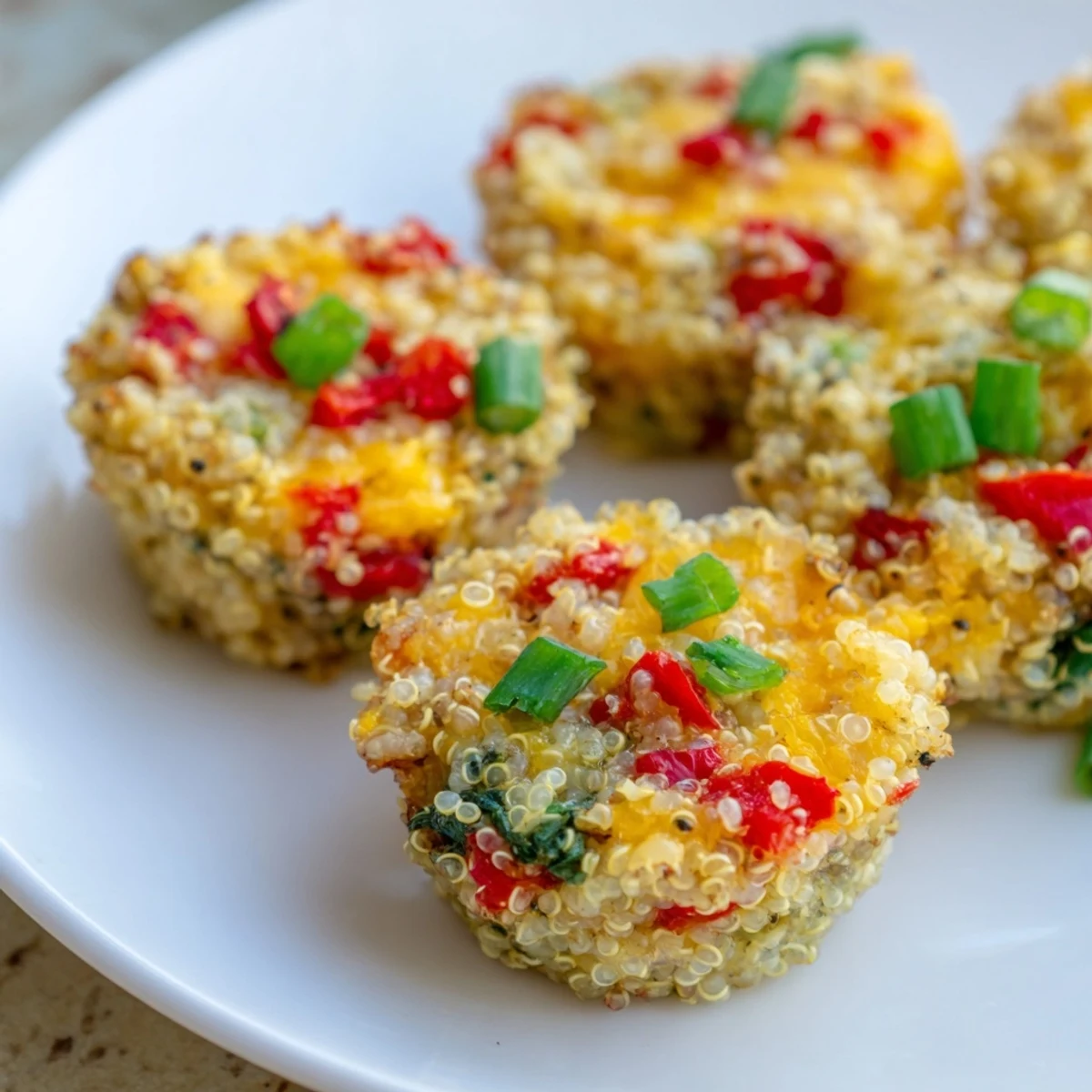Flavorful Baked Cheddar Quinoa Bites, featuring a mix of quinoa, cheese, and vegetables ready to serve.