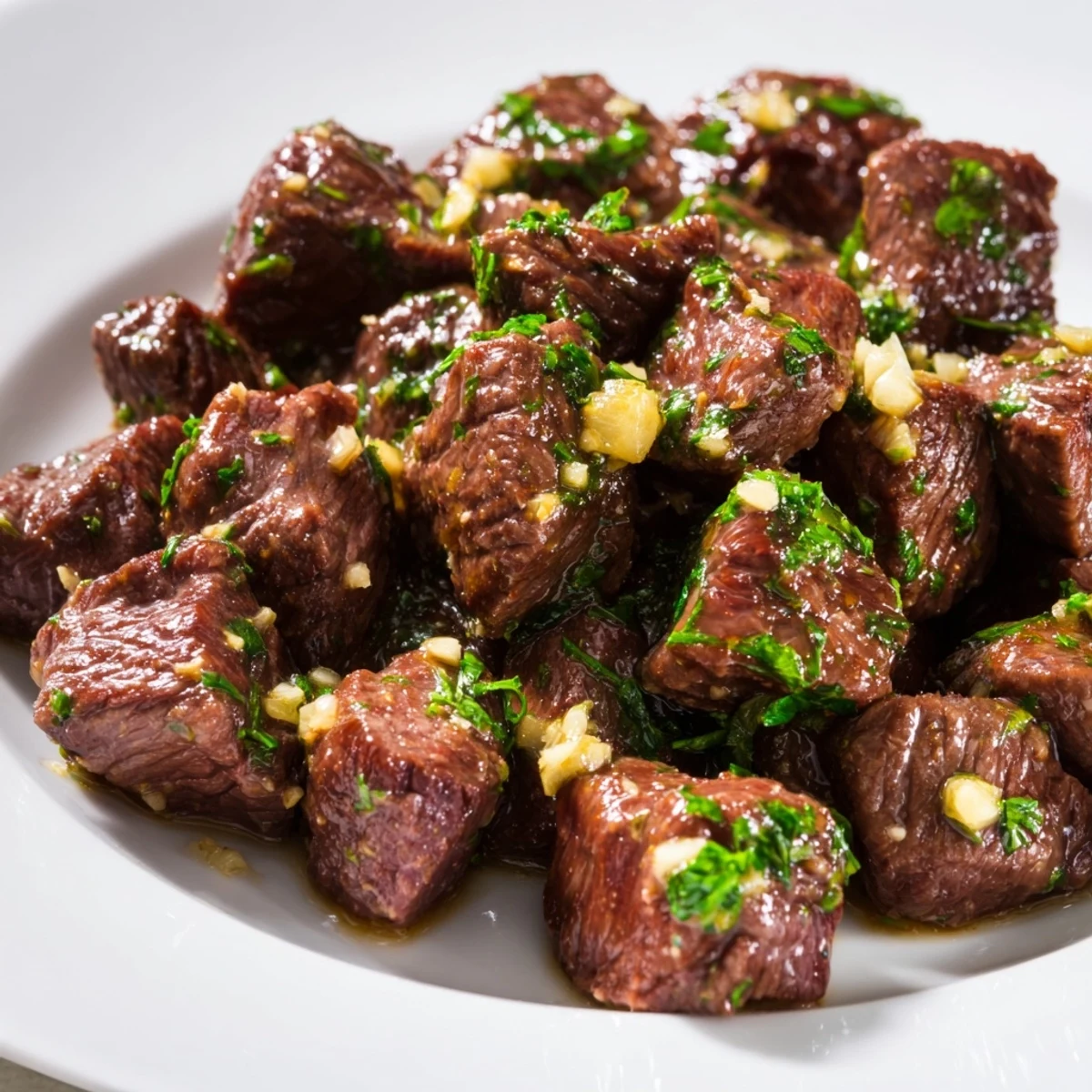 Golden-brown Air-Fryer Garlic-Butter Steak Bites, showcasing juicy interiors and the melted garlic butter sauce.