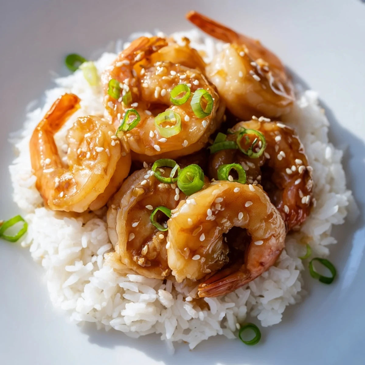 Vibrant photo of cooked Honey Garlic Shrimp, glistening from its delicious, sweet glaze.