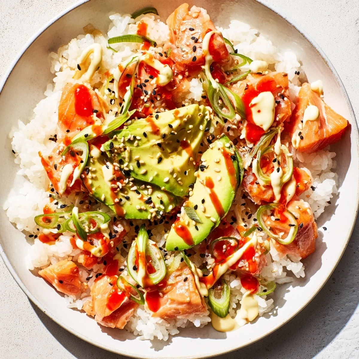 Steaming bowl of Classic Salmon Rice, featuring flaky salmon, creamy sauce, and fresh avocado slices.