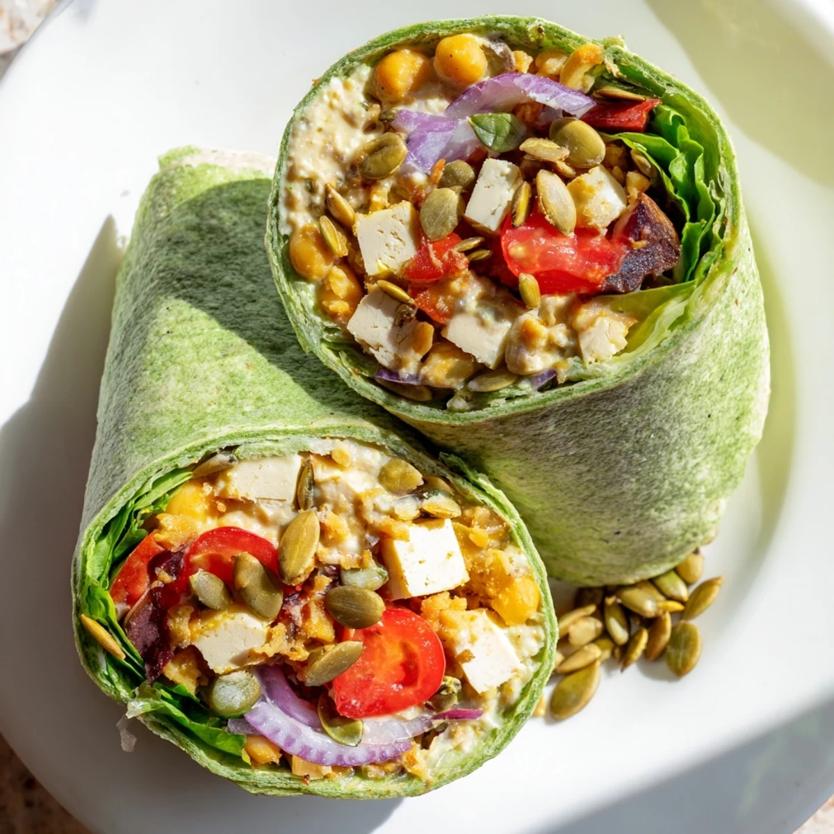 Delicious High-Protein Chicken-less Caesar Wrap, bursting with fresh veggies and creamy Caesar dressing.