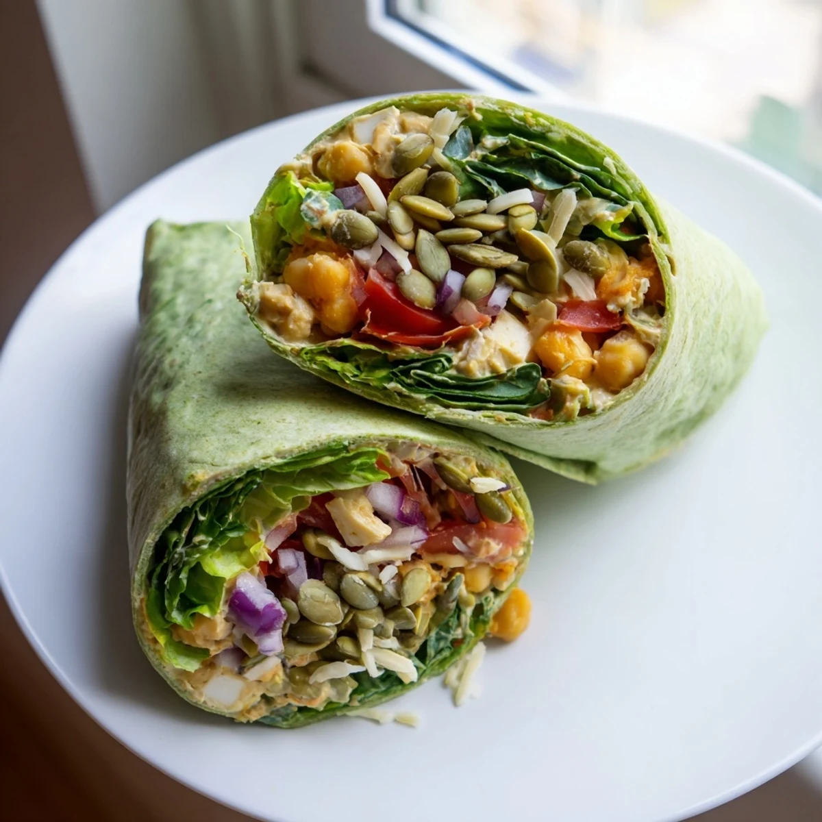 A close-up of a High-Protein Chicken-less Caesar Wrap, showing the textures of wrap fillings.