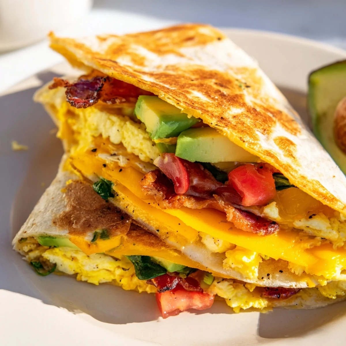 Crispy breakfast wrap, golden and crunchy, cut open to show eggs, bacon, cheese, and veggies inside.