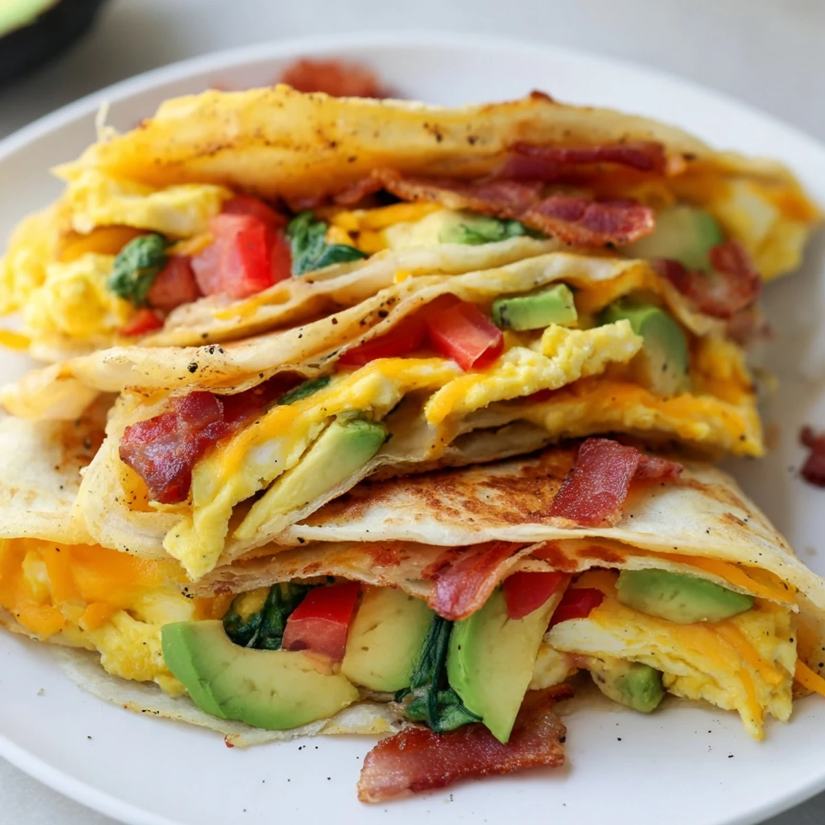 Imagine a warm, flavorful crispy breakfast wrap with melted cheese, holding fillings like bacon and avocado.