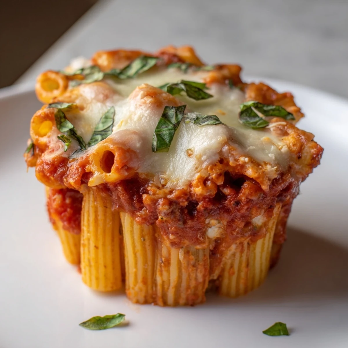 Golden-brown Baked Ziti Cups, filled with bubbling cheese, hearty sauce, and perfectly cooked pasta, ready to eat.