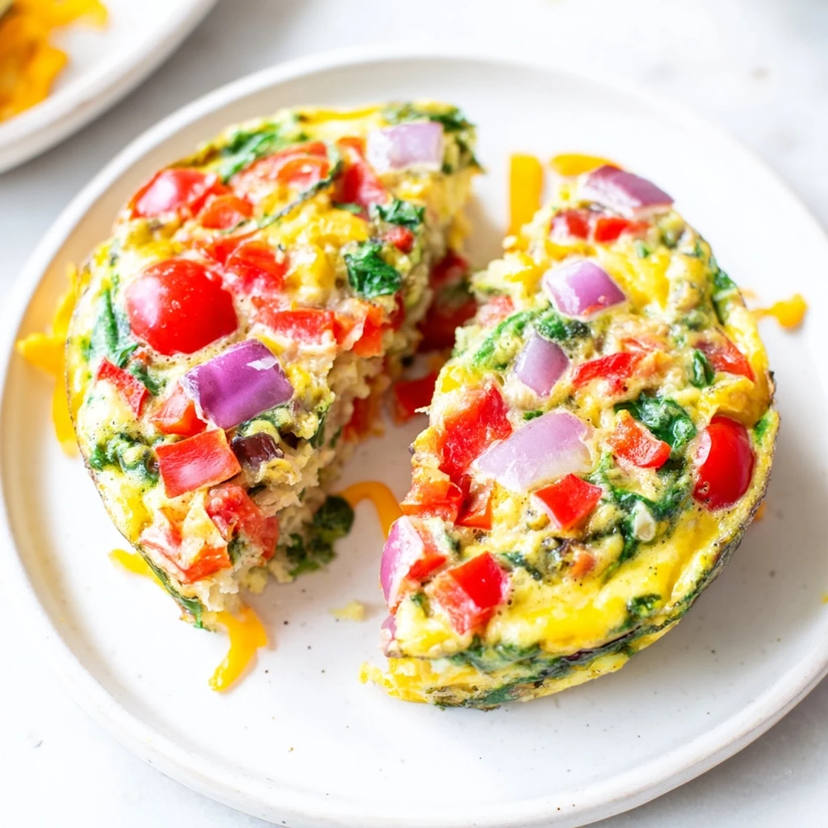 Golden-brown veggie egg muffins, featuring colorful bell peppers and tomatoes, baked to perfection.