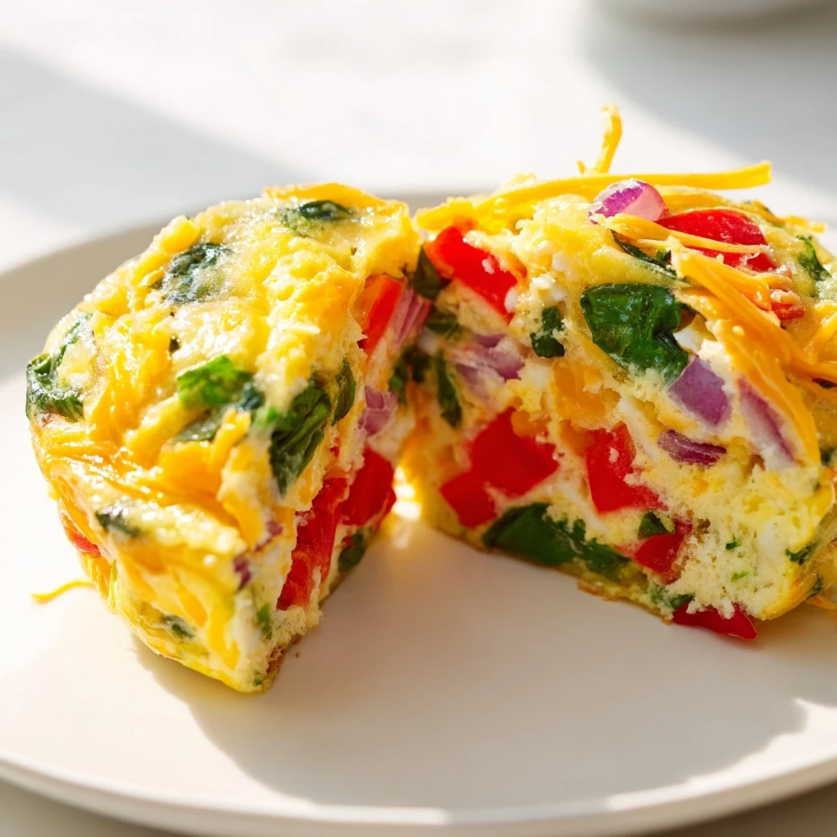 Savory veggie egg muffins ready to eat, showing a colorful mix of vegetables and melted cheese.