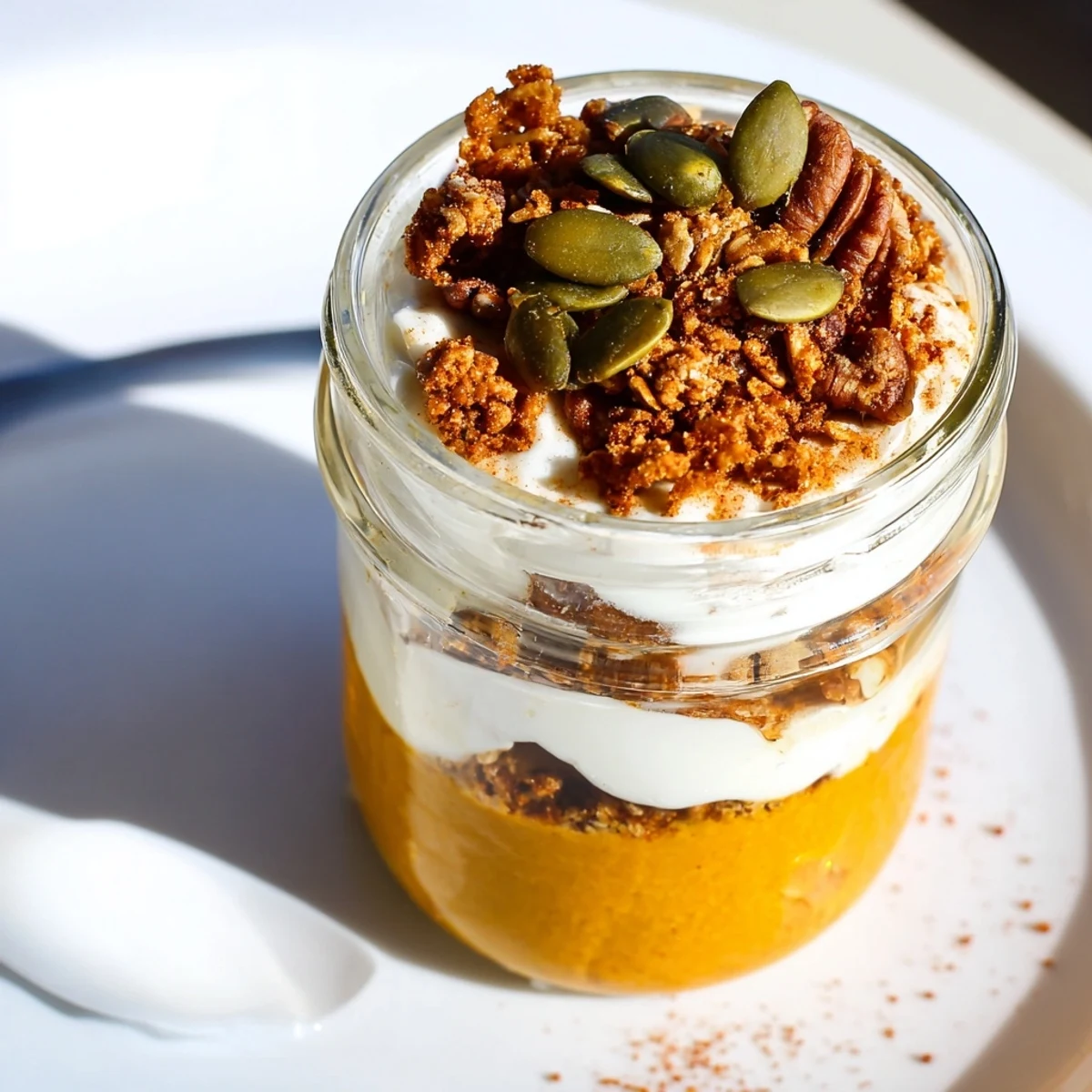 A layered Pumpkin Yogurt Parfait, creamy yogurt and spiced pumpkin, ready to enjoy as a snack!