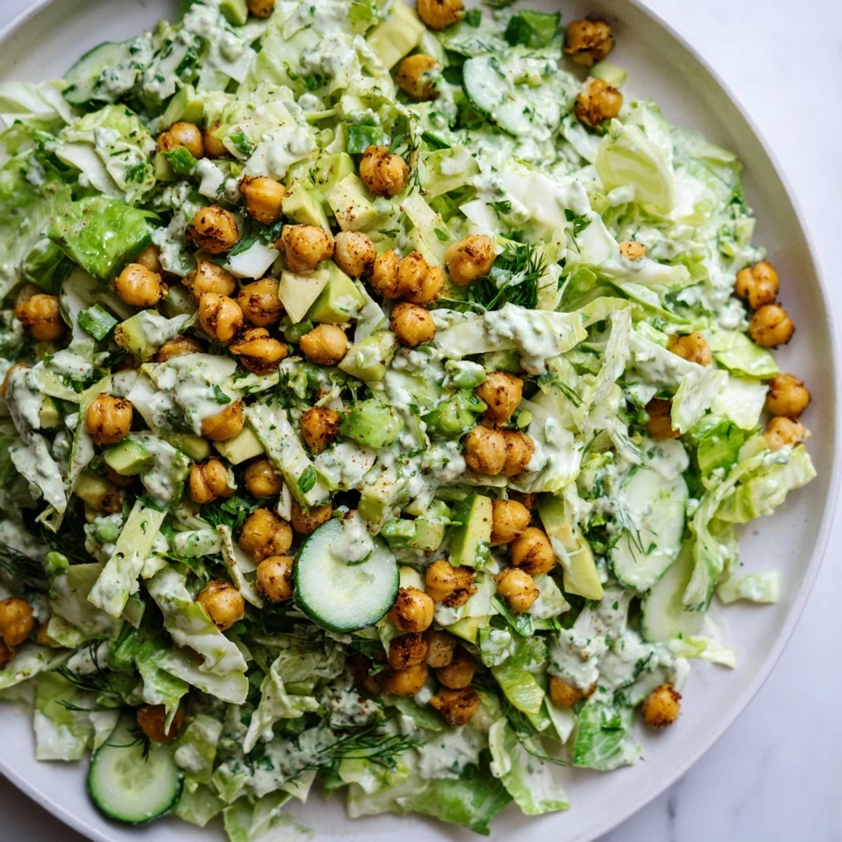 Bright, colorful Green Goddess Salad with crispy golden chickpeas for a flavorful vegetarian meal.